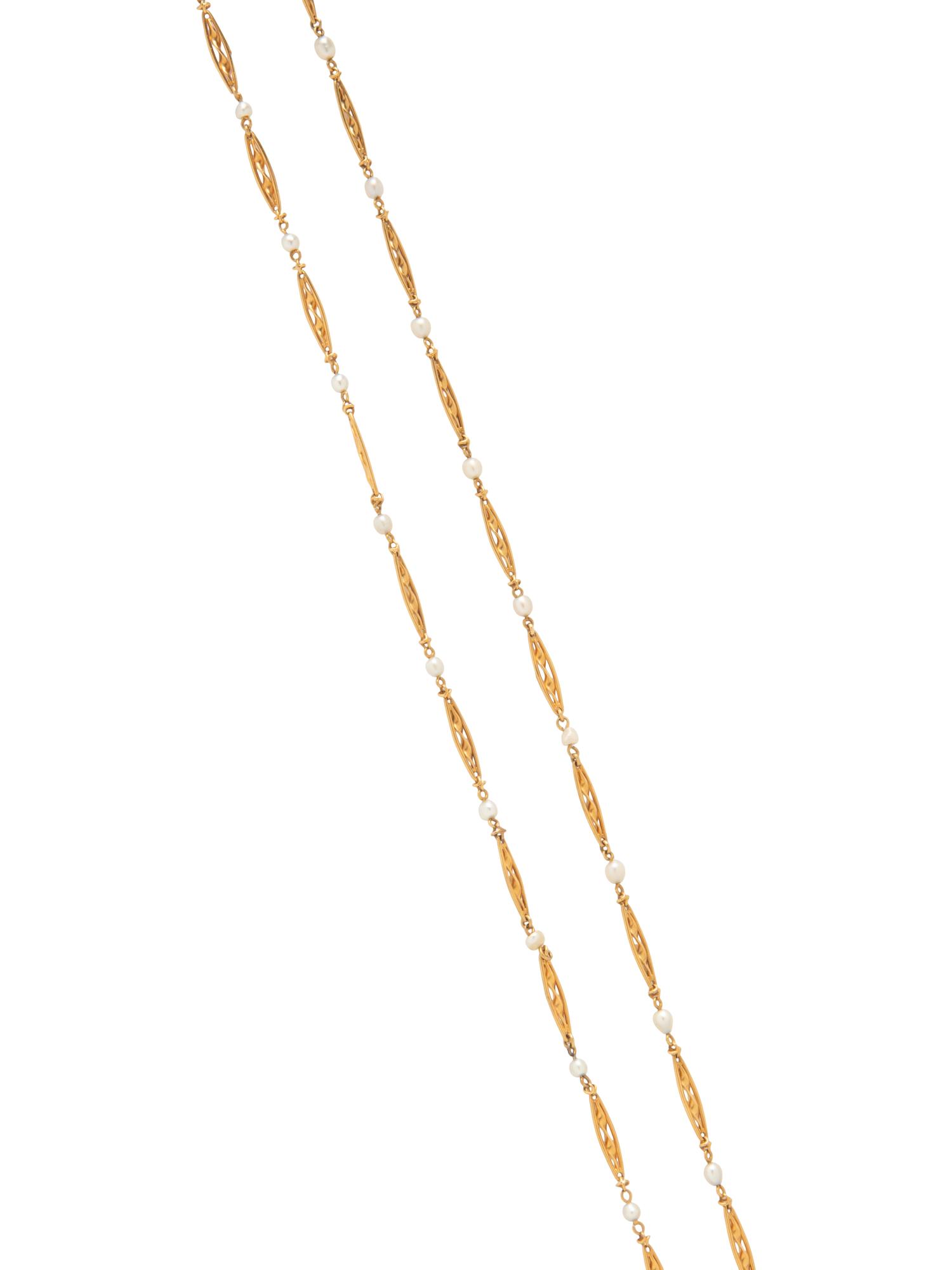 YELLOW GOLD AND SEED PEARL FANCY LINK NECKLACE