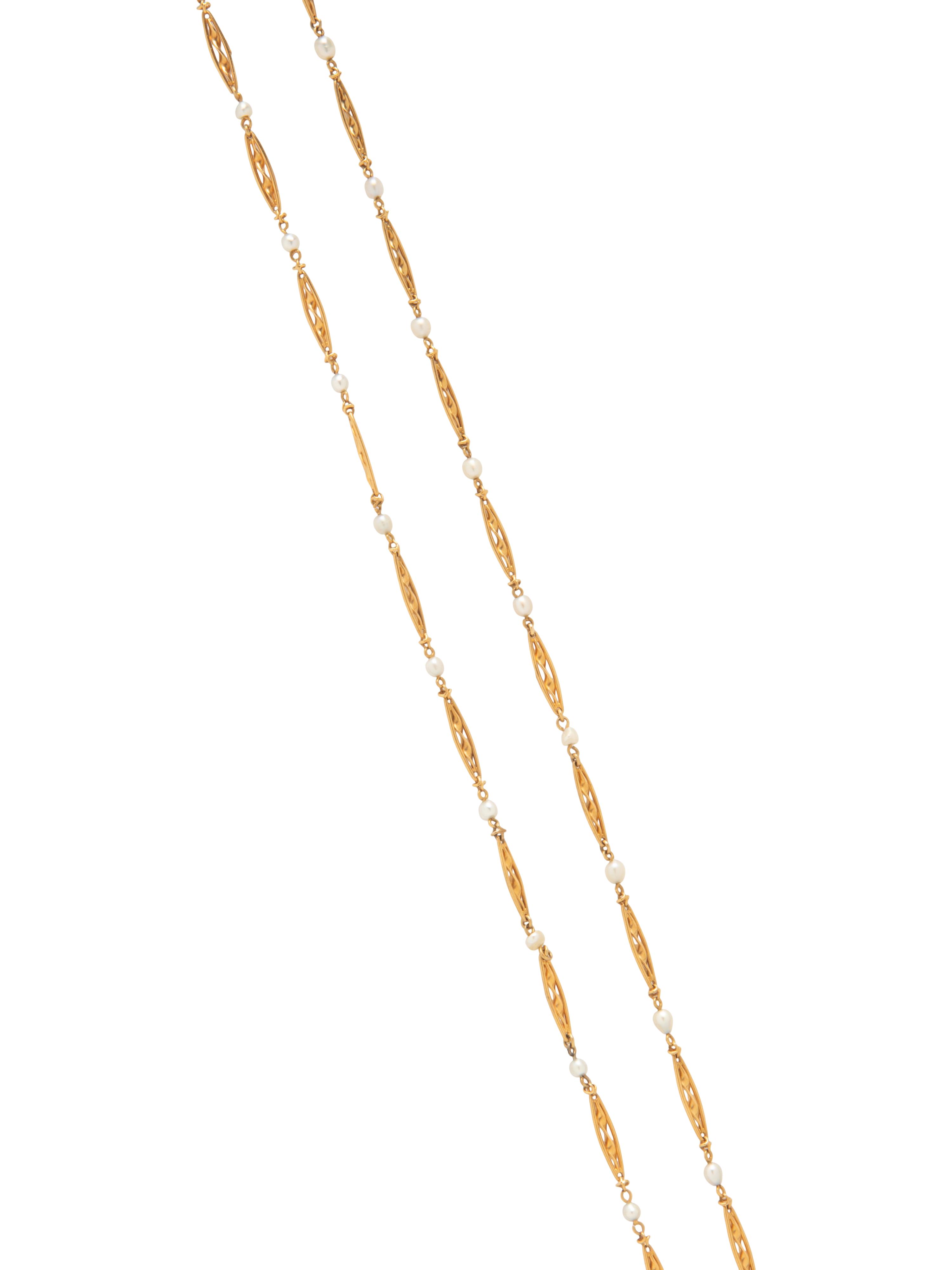 YELLOW GOLD AND SEED PEARL FANCY LINK NECKLACE