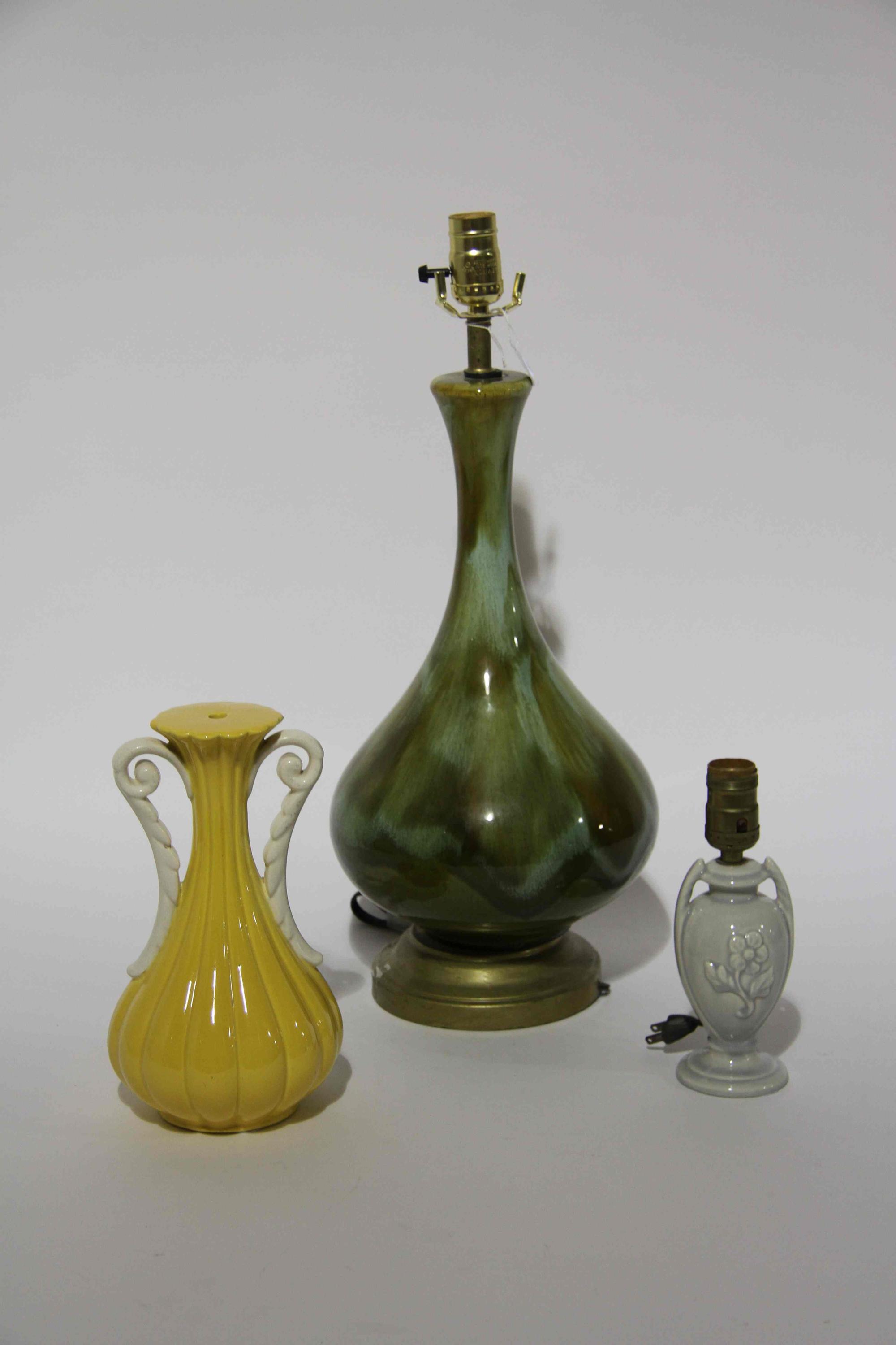 Three Haeger Pottery Lamp Bases Height of tallest 15 inches.