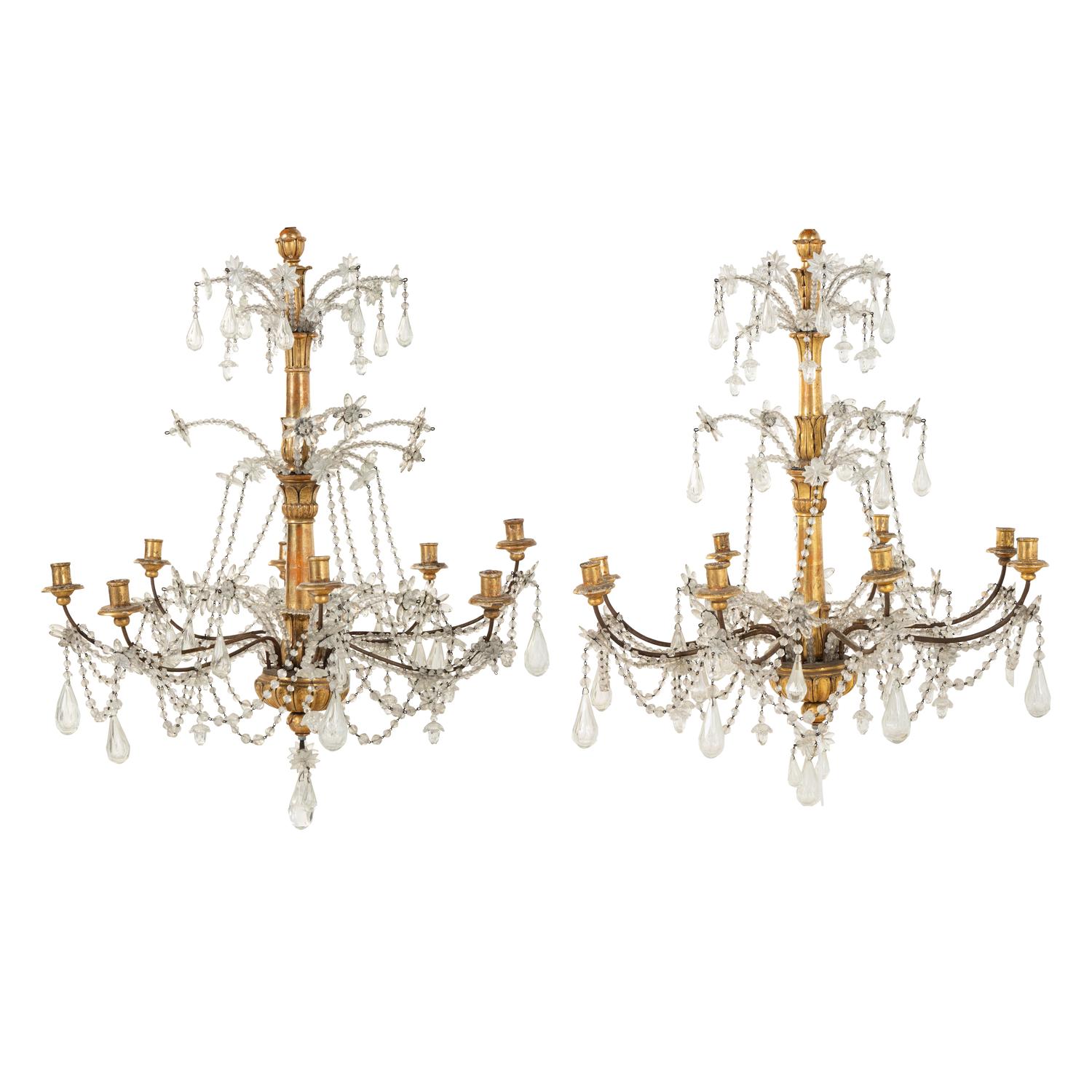 A Pair of Italian Giltwood and Cut-Glass Six-Light Chandeliers