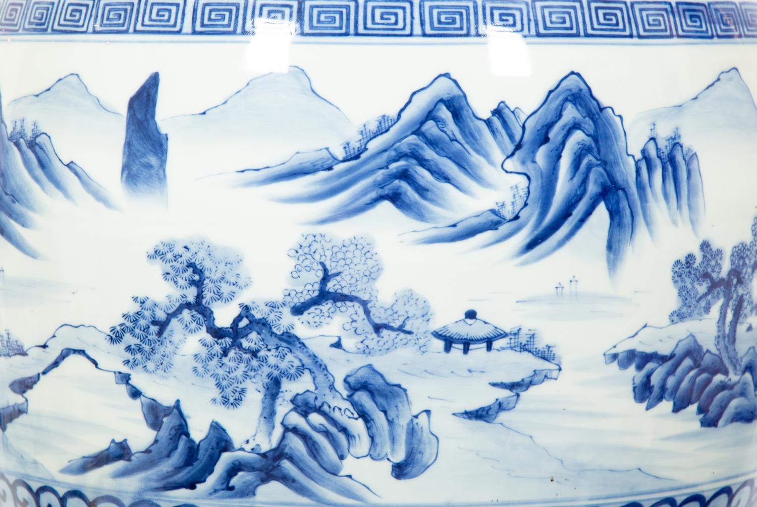 A Pair of Chinese Blue and White Porcelain Jardinières with Associated Stands