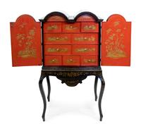 A Queen Anne Style Black-Japanned Cabinet on Stand