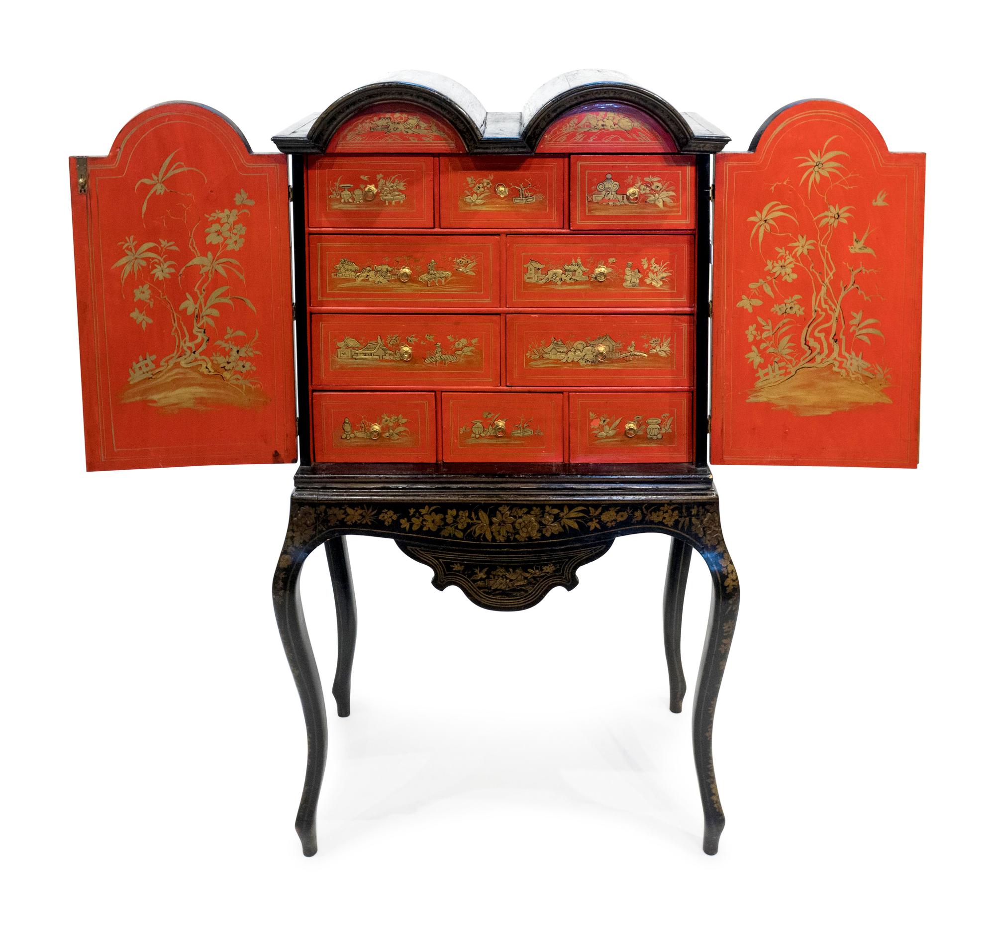 A Queen Anne Style Black-Japanned Cabinet on Stand