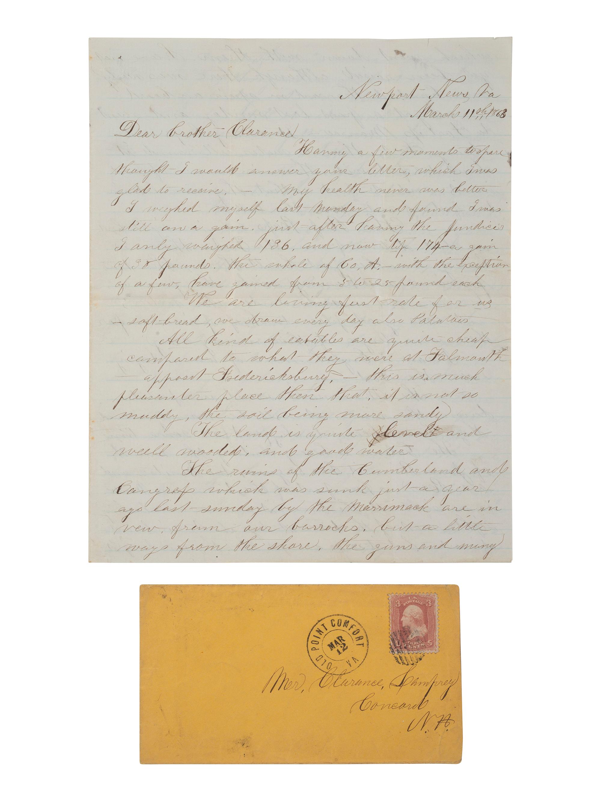 [CIVIL WAR]. Letter from Maurice Lamprey, 10th New Hampshire Infantry, in which he rejects anti-emancipation sentiments and describes the wrecks of the USS Cumberland and Congress. Newport News, VA, 11 March 1863.