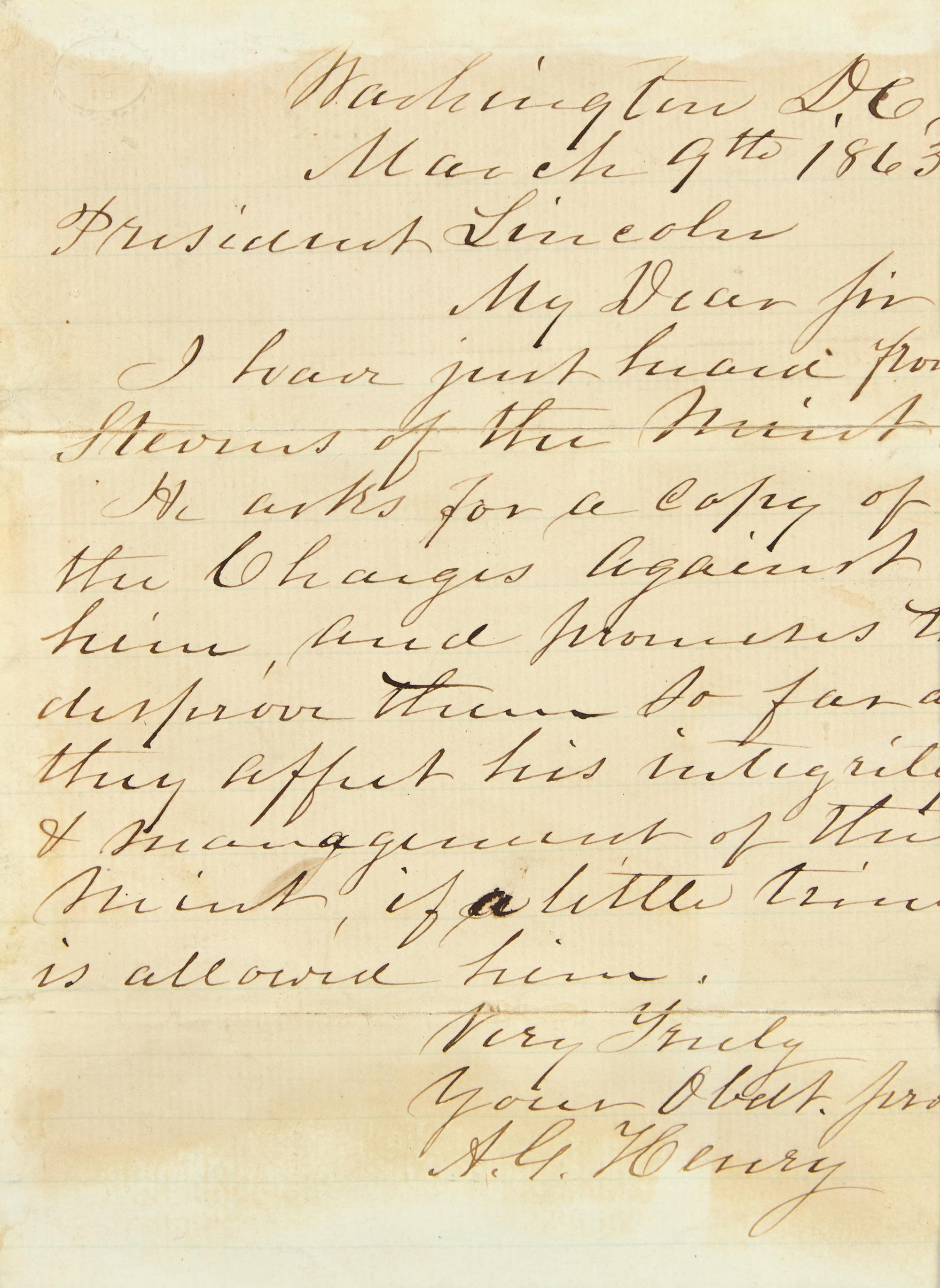 Lincoln, Abraham. Autograph Note, signed