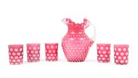A Cranberry Coin Dot Drink Set Height of pitcher 9 inches.
