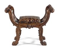 An Italian Renaissance Revival Carved Walnut Curule Bench