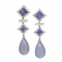 Tanzanite, Diamond, Moonstone, and Chalcedony Pendant Earrings