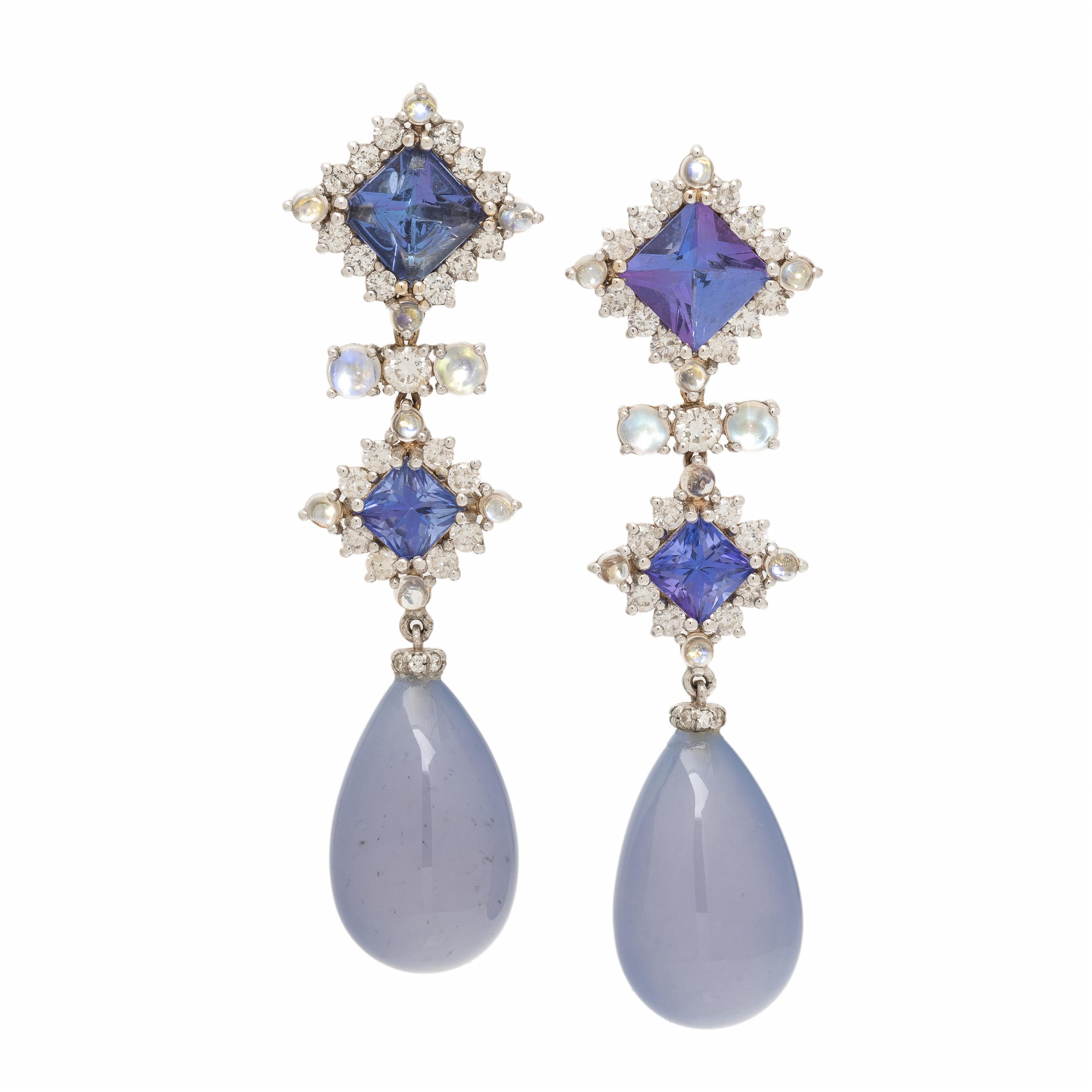 Tanzanite, Diamond, Moonstone, and Chalcedony Pendant Earrings
