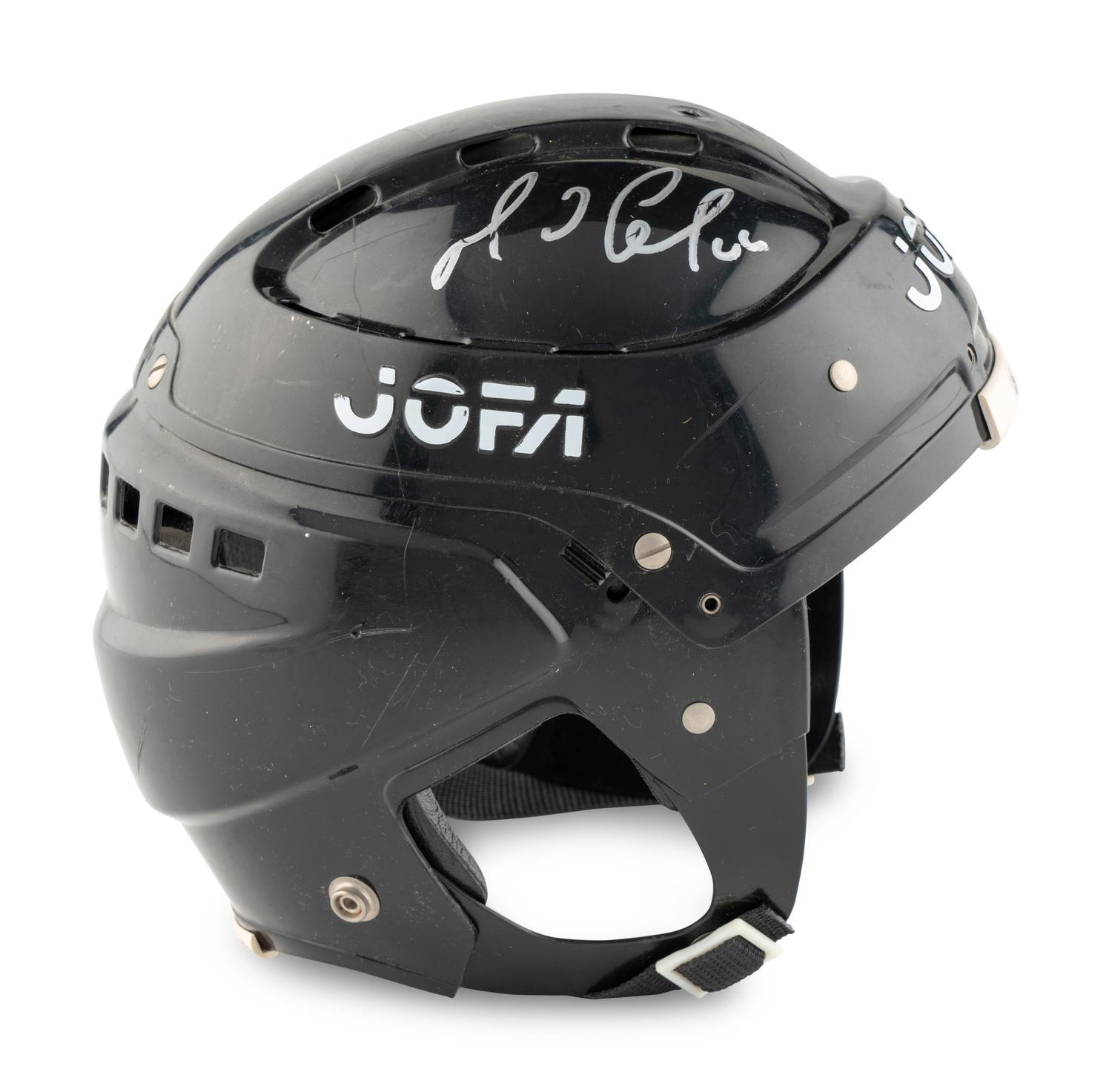 A Mario Lemieux Signed Autograph Game Used Jofa Hockey Helmet (Grey Flannel Letter, Beckett Authentication Services Sticker)