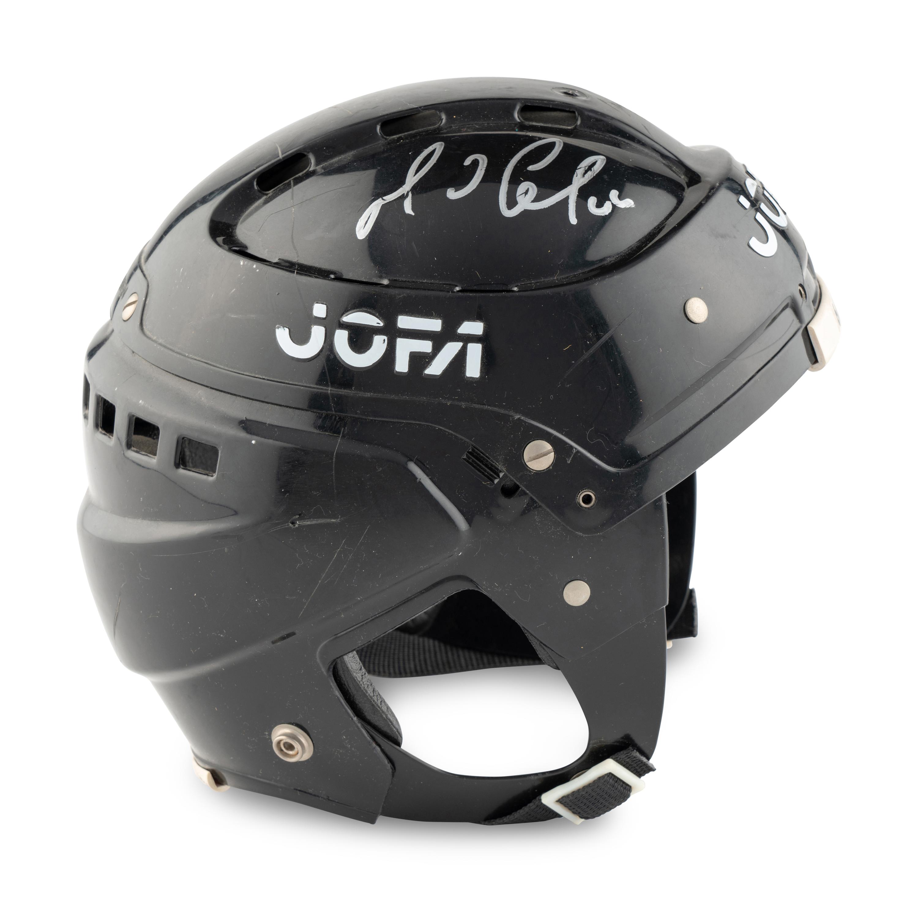 A Mario Lemieux Signed Autograph Game Used Jofa Hockey Helmet (Grey Flannel Letter, Beckett Authentication Services Sticker)