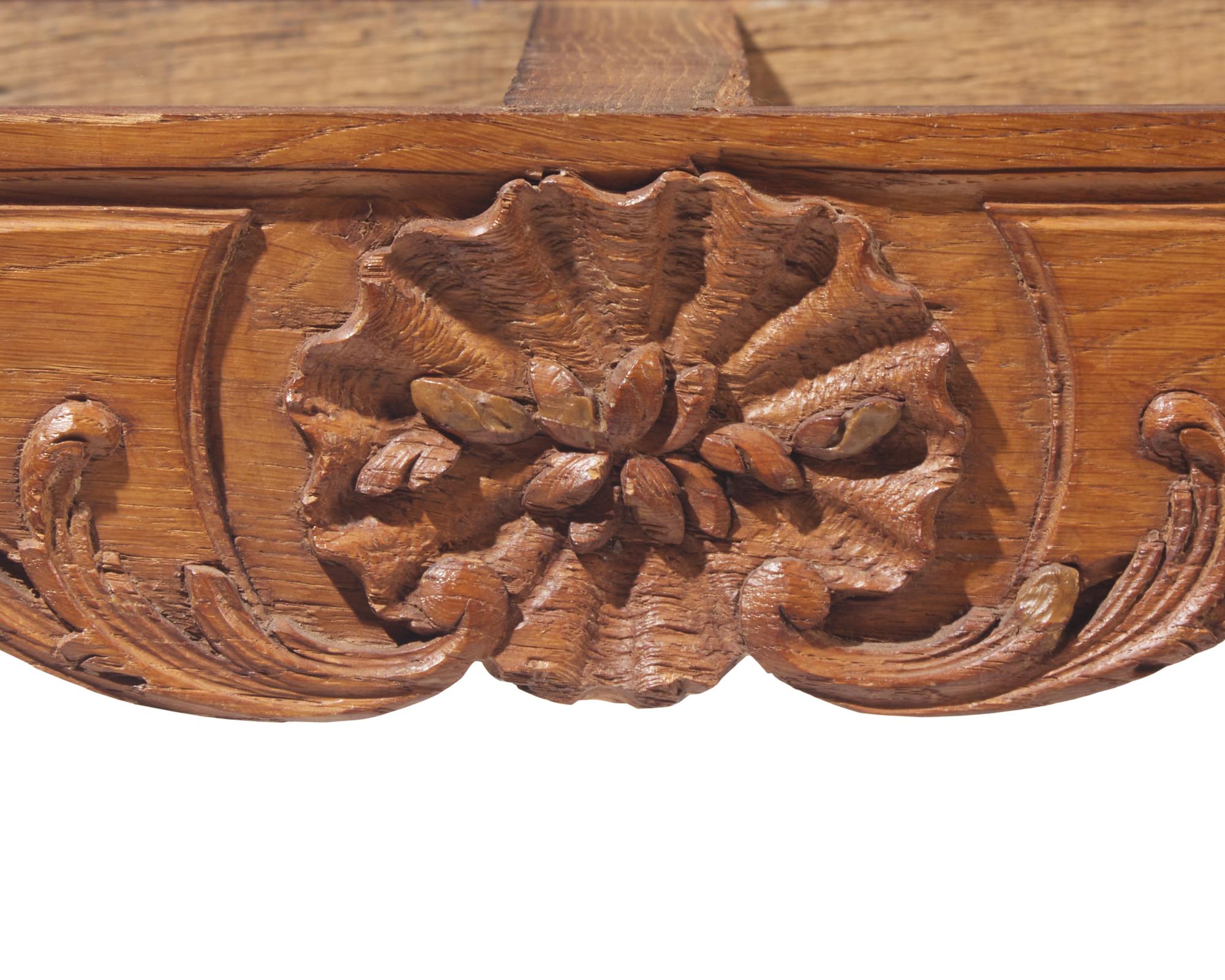 A rare near pair of Louis XV oak side tables with rouge marble tops, 18th / 19th century