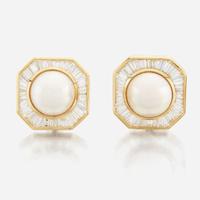 A pair of pearl, diamond and white gold earrings