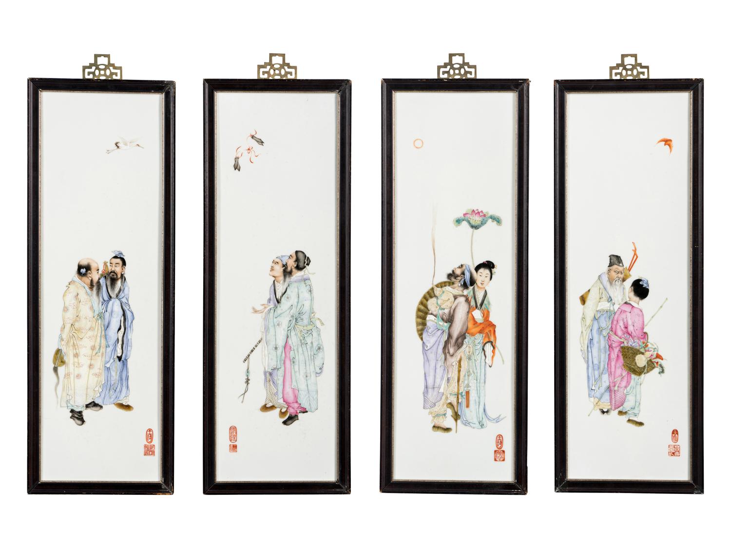 Four Porcelain Plaques Inset Hanging Panels Attributed to Wang Qi (1884-1937)