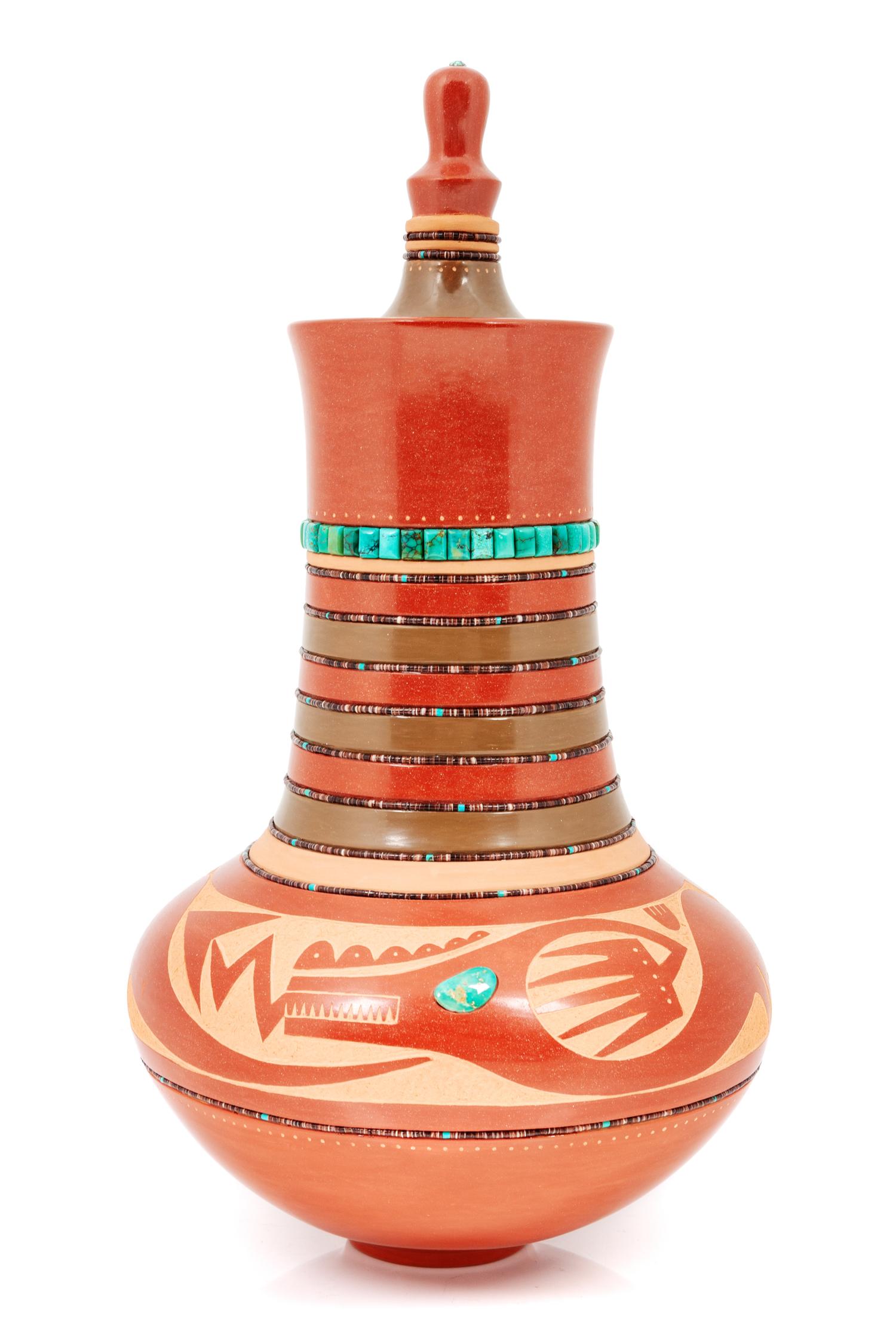 Carved Redware Lidded Jar, with Turquoise and Heishi Beads