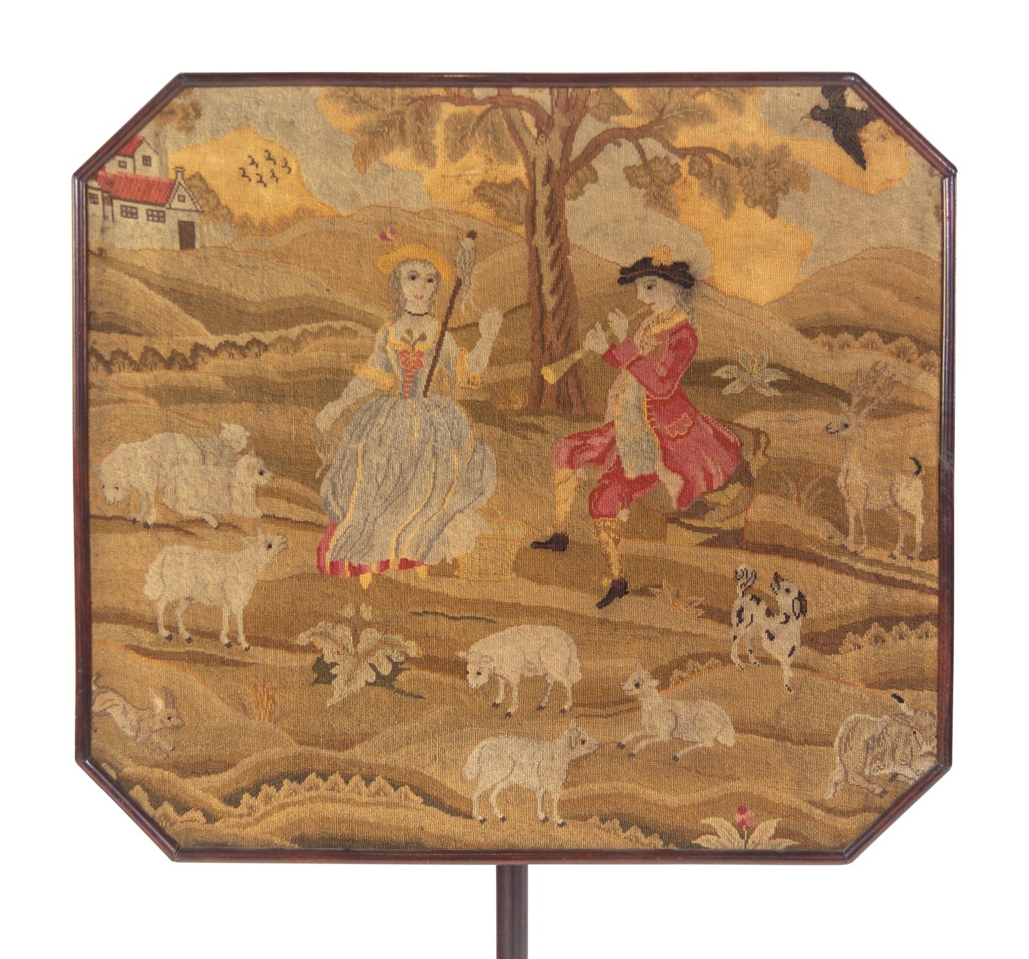 A George II Petit-Point Inset Mahogany Pole Screen