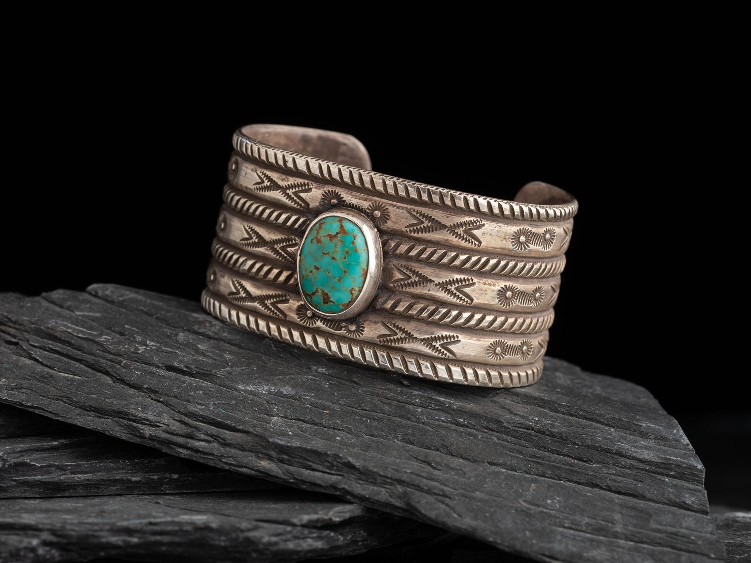 Navajo Stamped Silver and Turquoise Cuff Bracelet