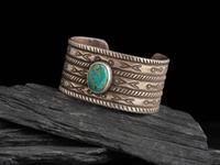 Navajo Stamped Silver and Turquoise Cuff Bracelet