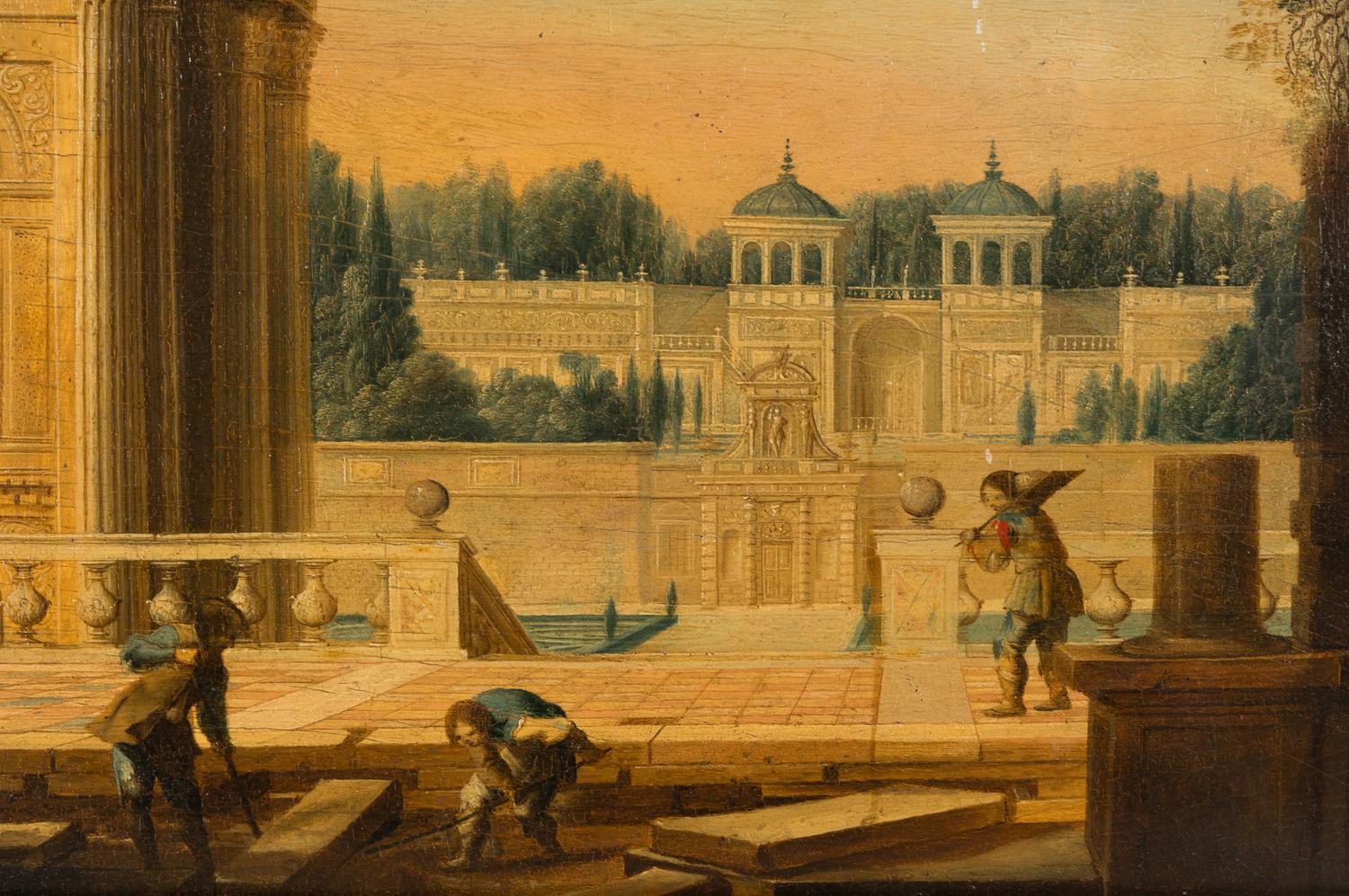 A Capriccio View of a Classical Palace, the Grounds being Finished by Men Setting Paving