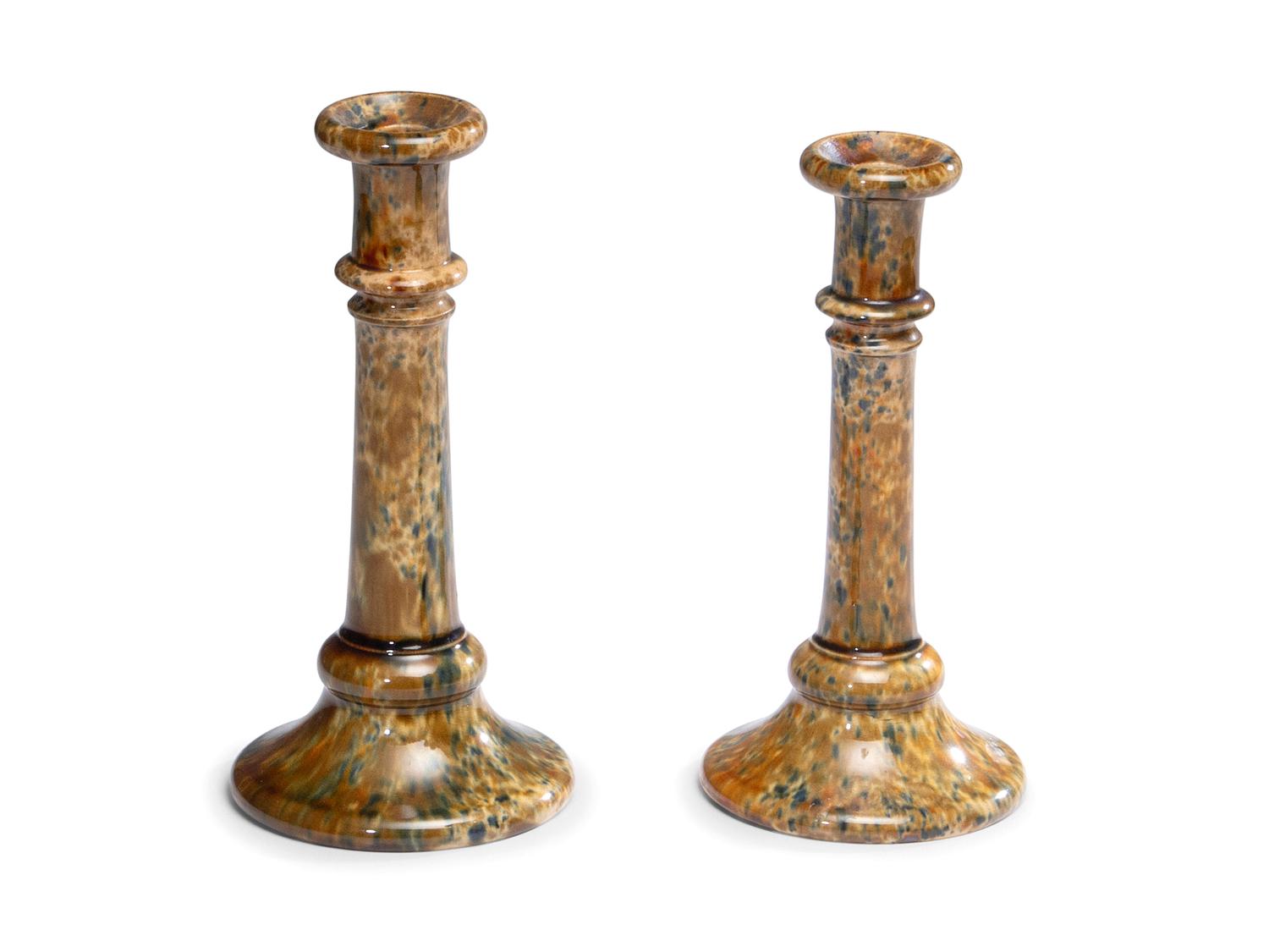 Two Flint Enamel Glaze Candlesticks