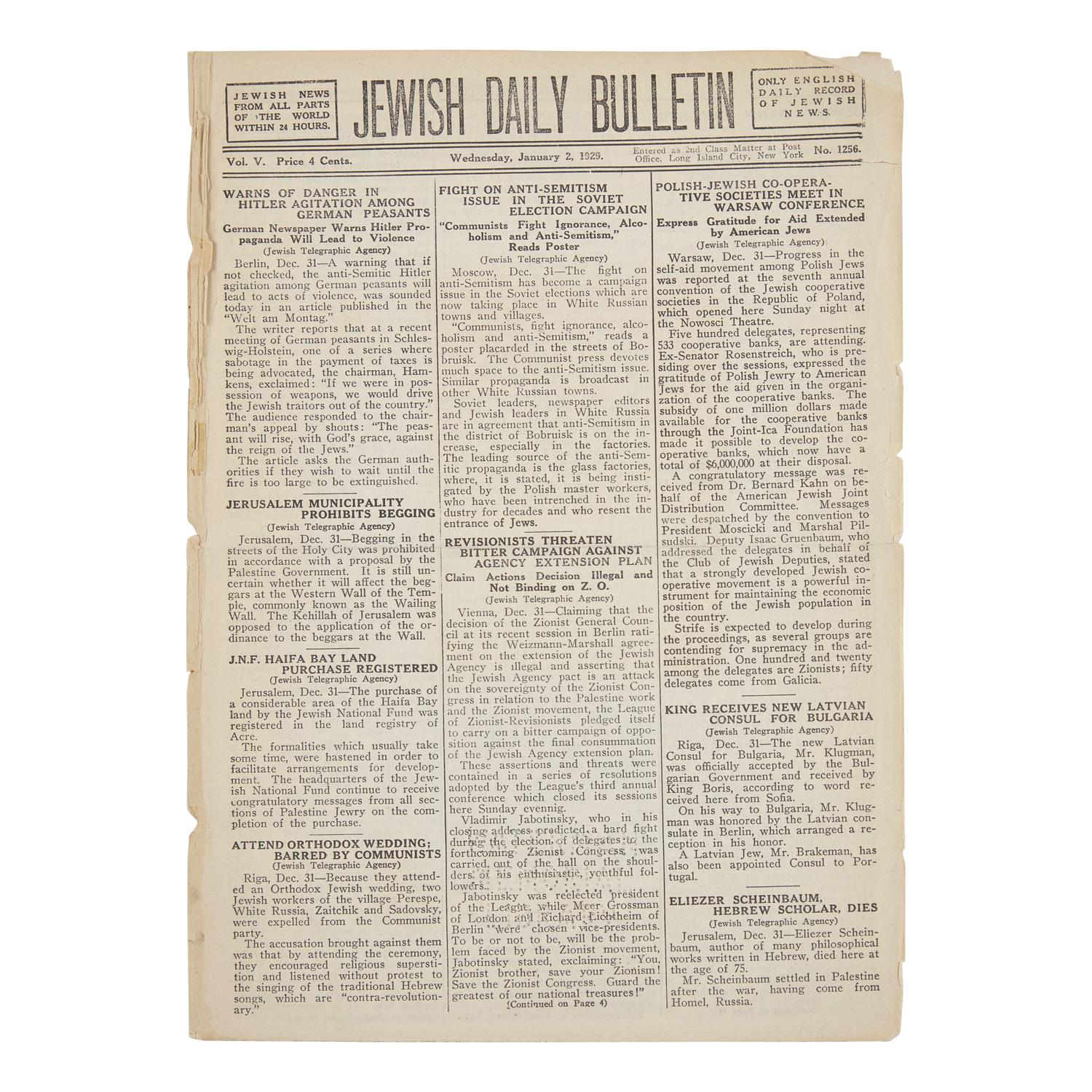 [Judaica] Early Front-Page report Warning Against Adolf Hitler, 1929