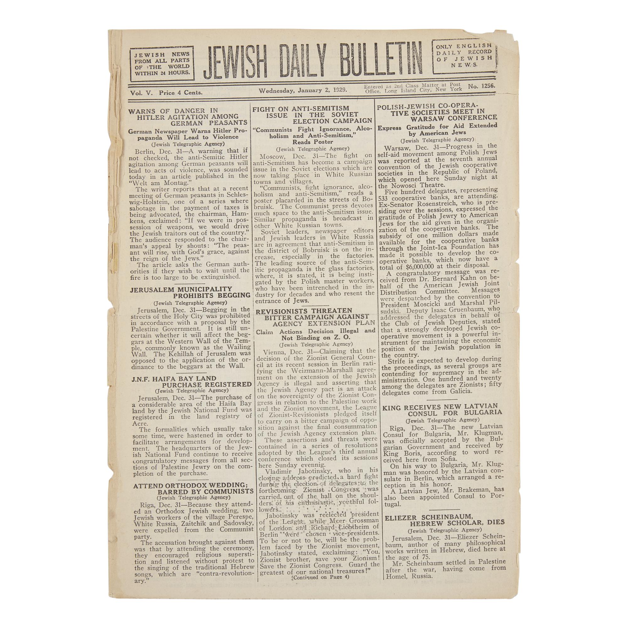 [Judaica] Early Front-Page report Warning Against Adolf Hitler, 1929