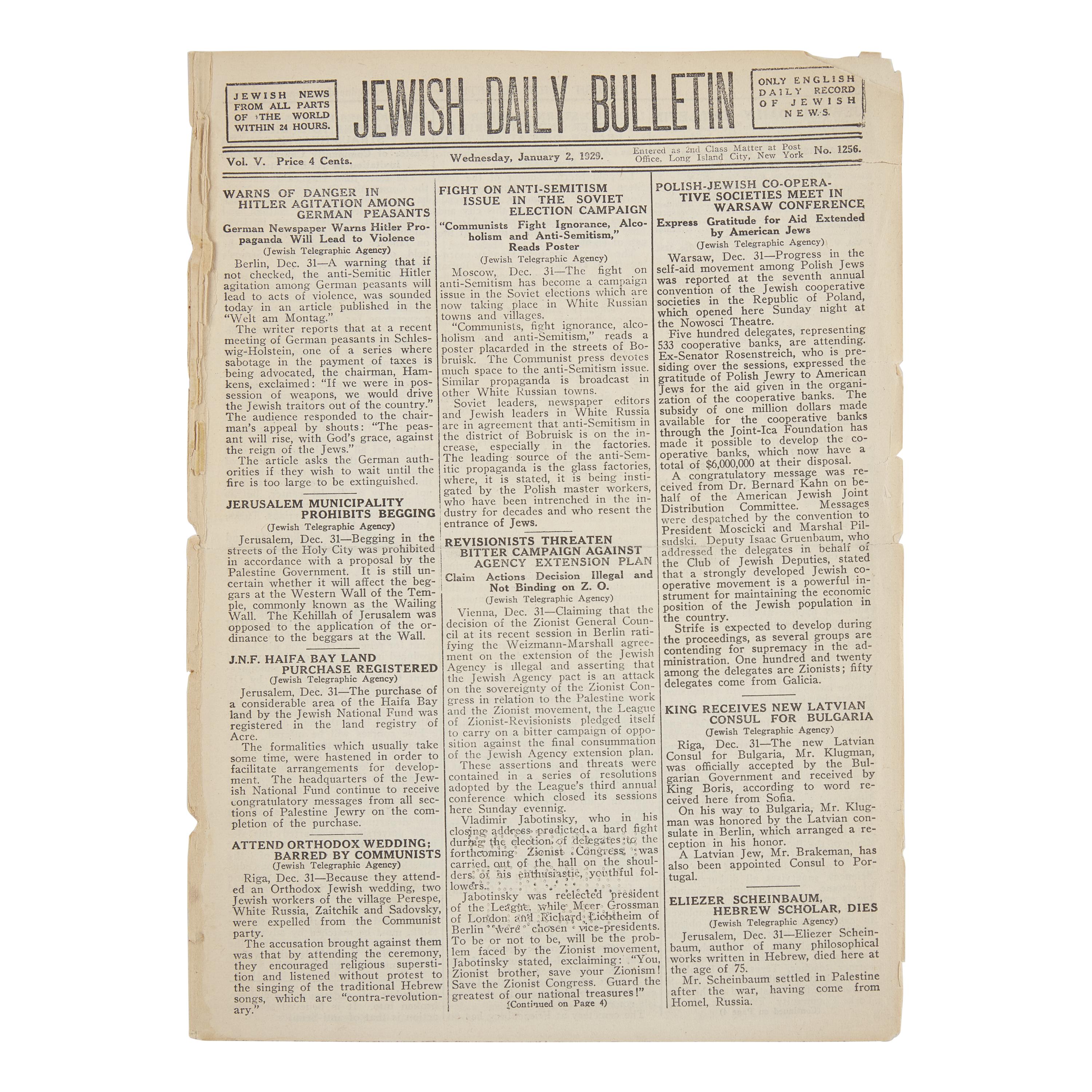 [Judaica] Early Front-Page report Warning Against Adolf Hitler, 1929