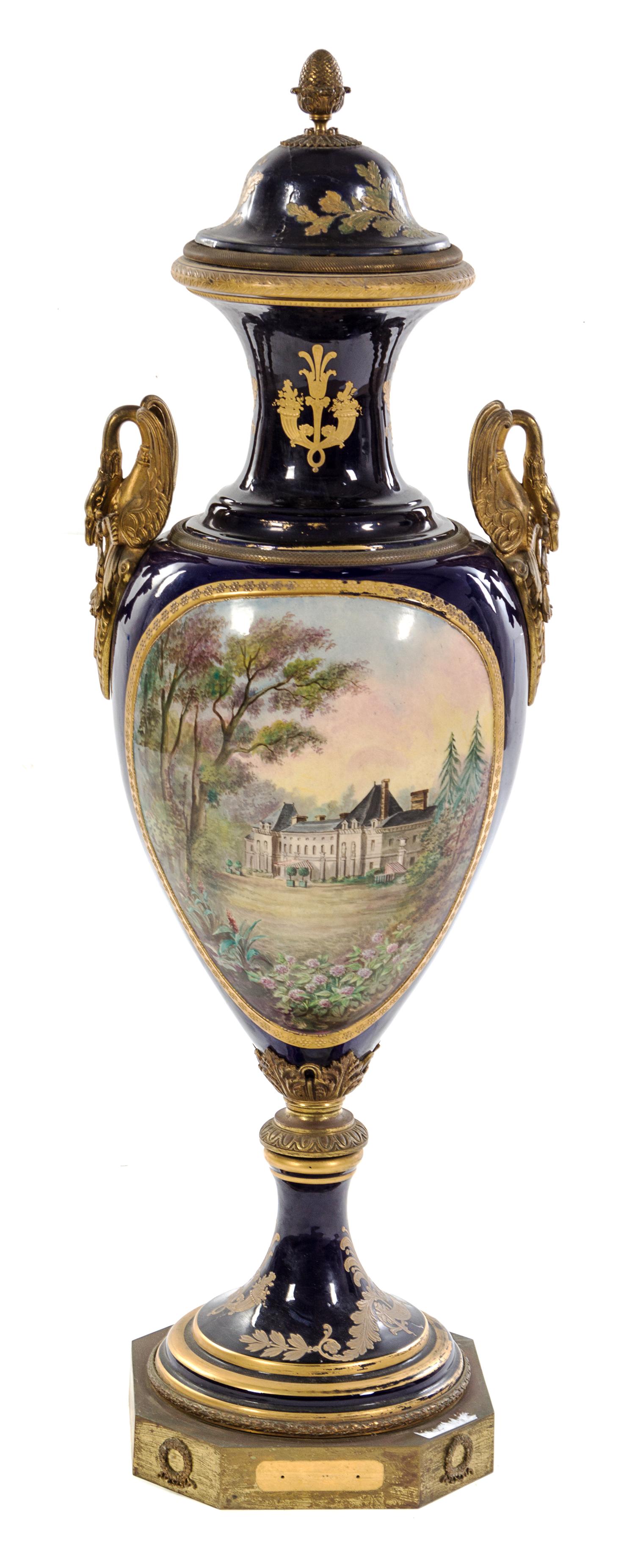 A Large Gilt Bronze Mounted Sevres Porcelain Urn and Cover Height overall 50 inches. — 19TH CENTURY