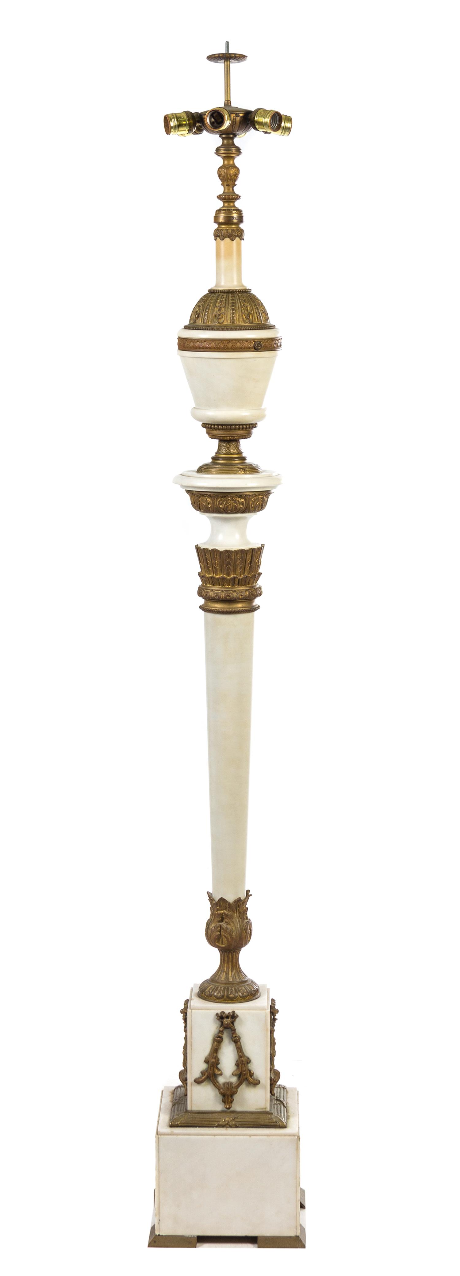 A Continental Gilt Bronze Mounted White Marble Floor Lamp Height overall 73 1/2 inches.