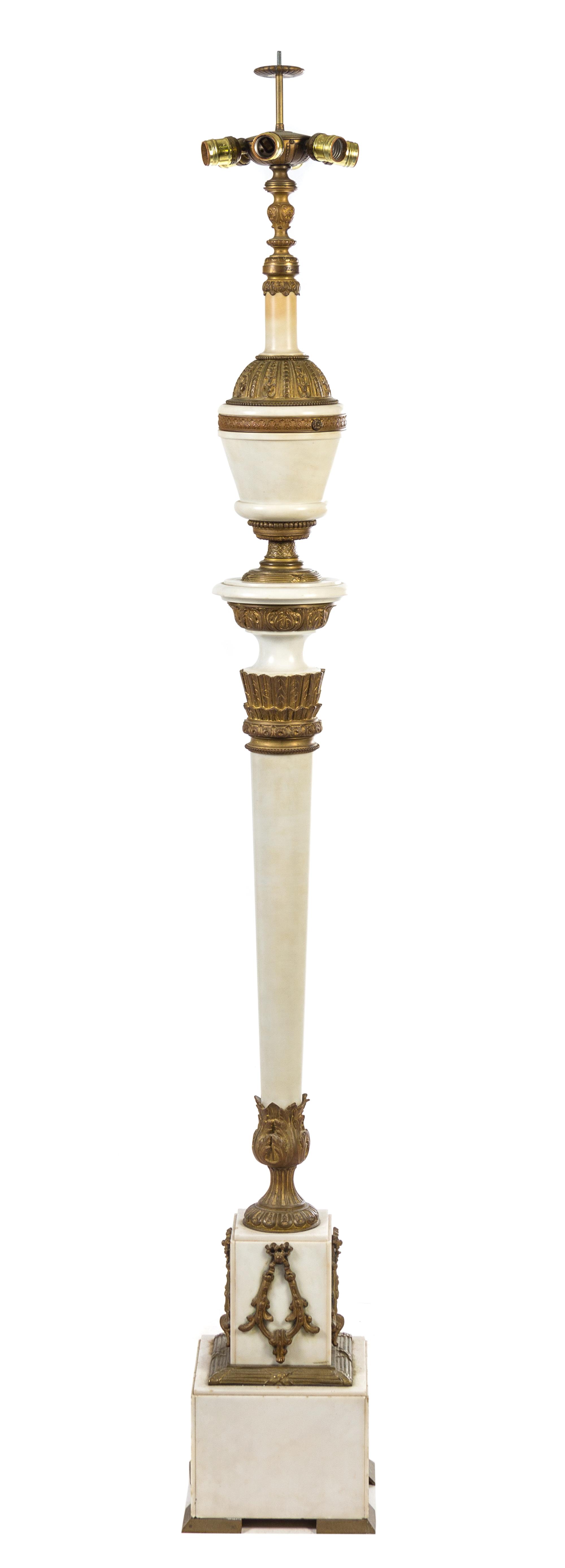 A Continental Gilt Bronze Mounted White Marble Floor Lamp Height overall 73 1/2 inches.
