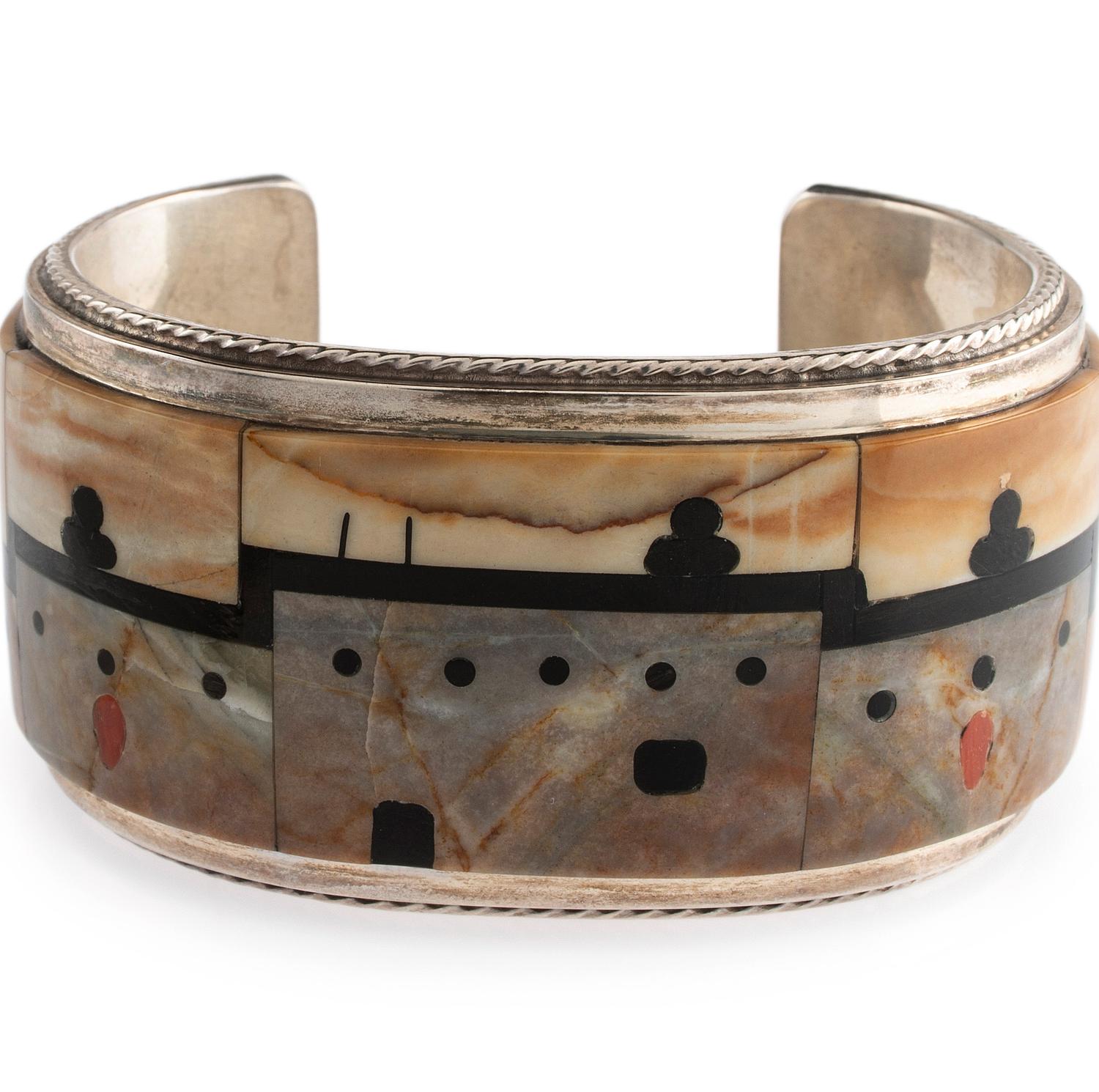 Sterling Silver Cuff Bracelet, with Mosaic Inlay Pueblo Scene