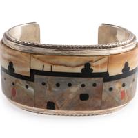 Sterling Silver Cuff Bracelet, with Mosaic Inlay Pueblo Scene