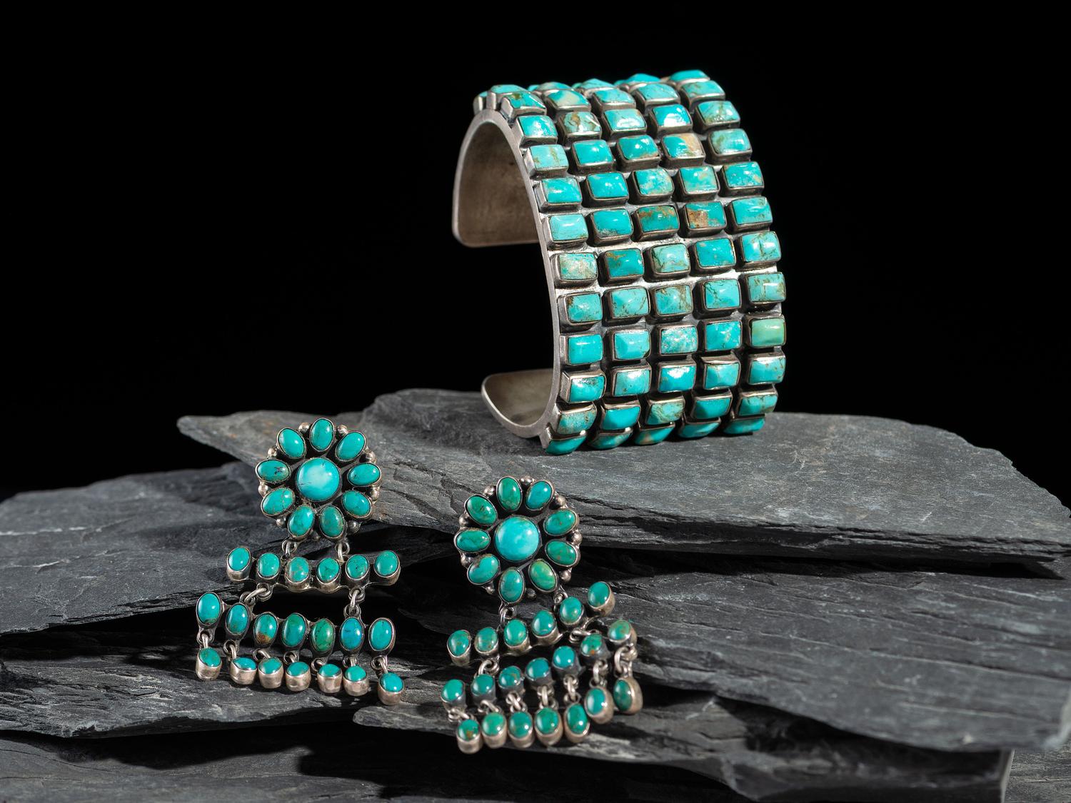 Sterling Silver and Turquoise Cluster Cuff Bracelet and Clip Earrings