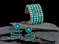 Sterling Silver and Turquoise Cluster Cuff Bracelet and Clip Earrings