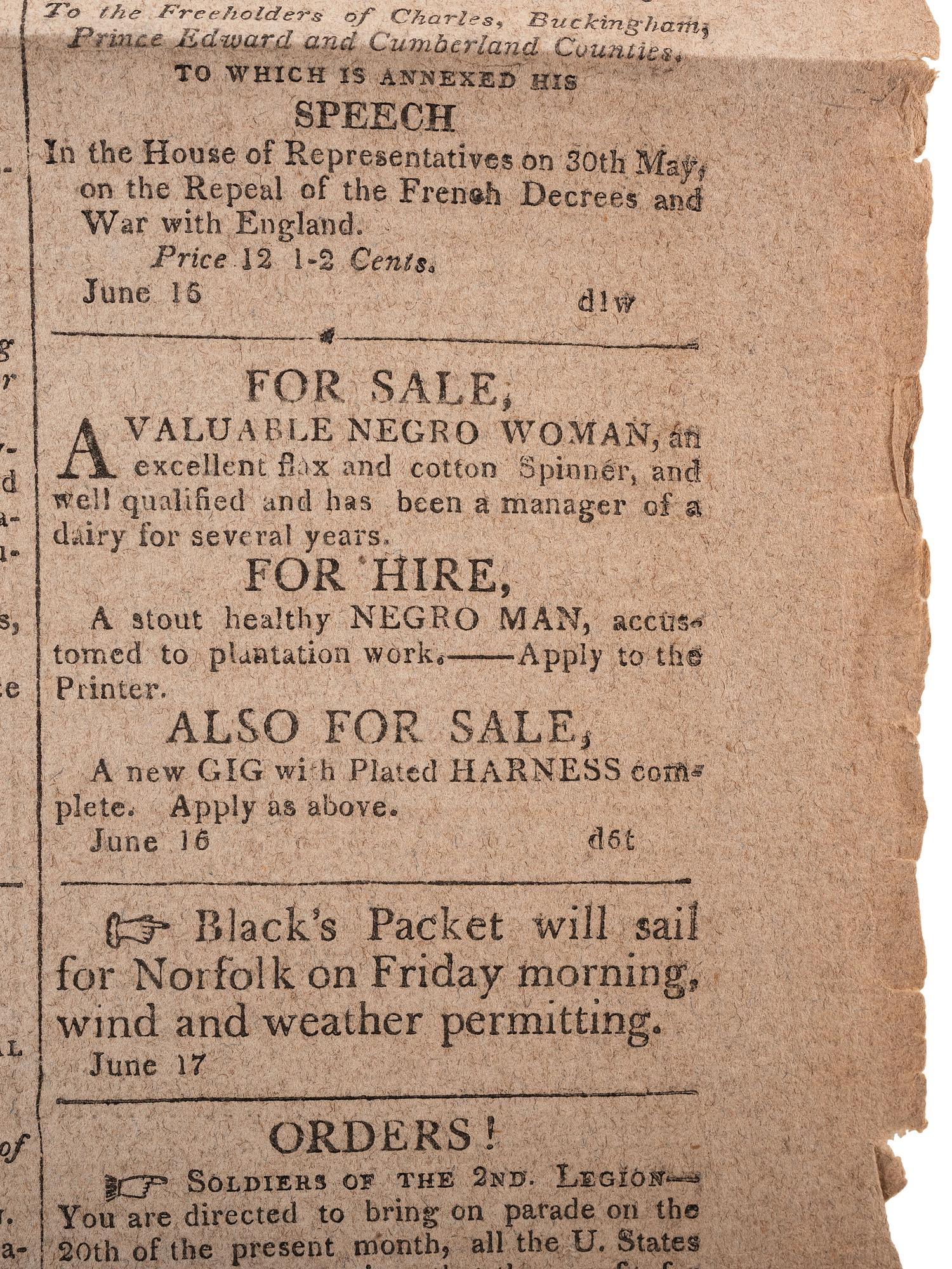 [SLAVERY & ABOLITION]. Alexandria Daily Gazette, Commercial & Political. Vol. XII, No. 3676. Alexandria, VA, 18 June 1812.