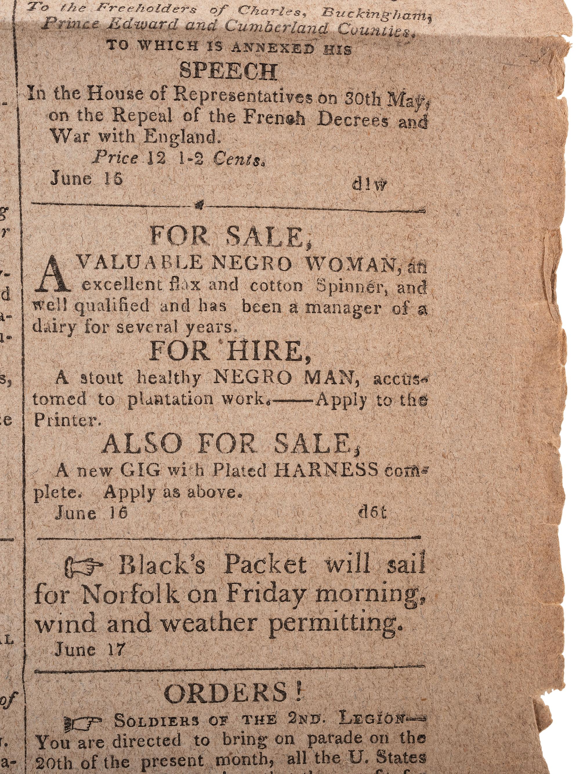 [SLAVERY & ABOLITION]. Alexandria Daily Gazette, Commercial & Political. Vol. XII, No. 3676. Alexandria, VA, 18 June 1812.