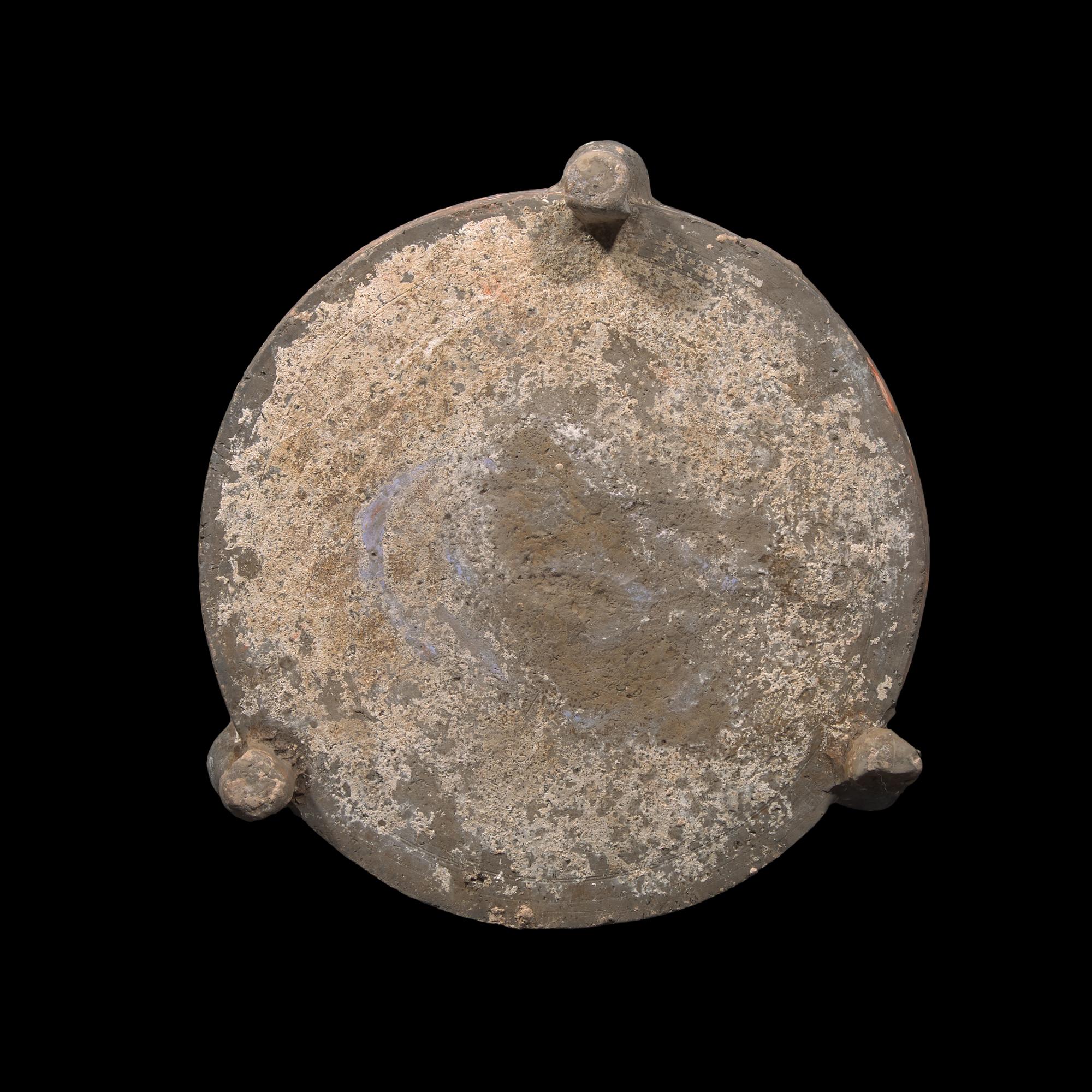 A Chinese Painted Grey Pottery Covered Vessel and Cover, Lian, Han Dynasty 漢 灰陶彩繪三足匲