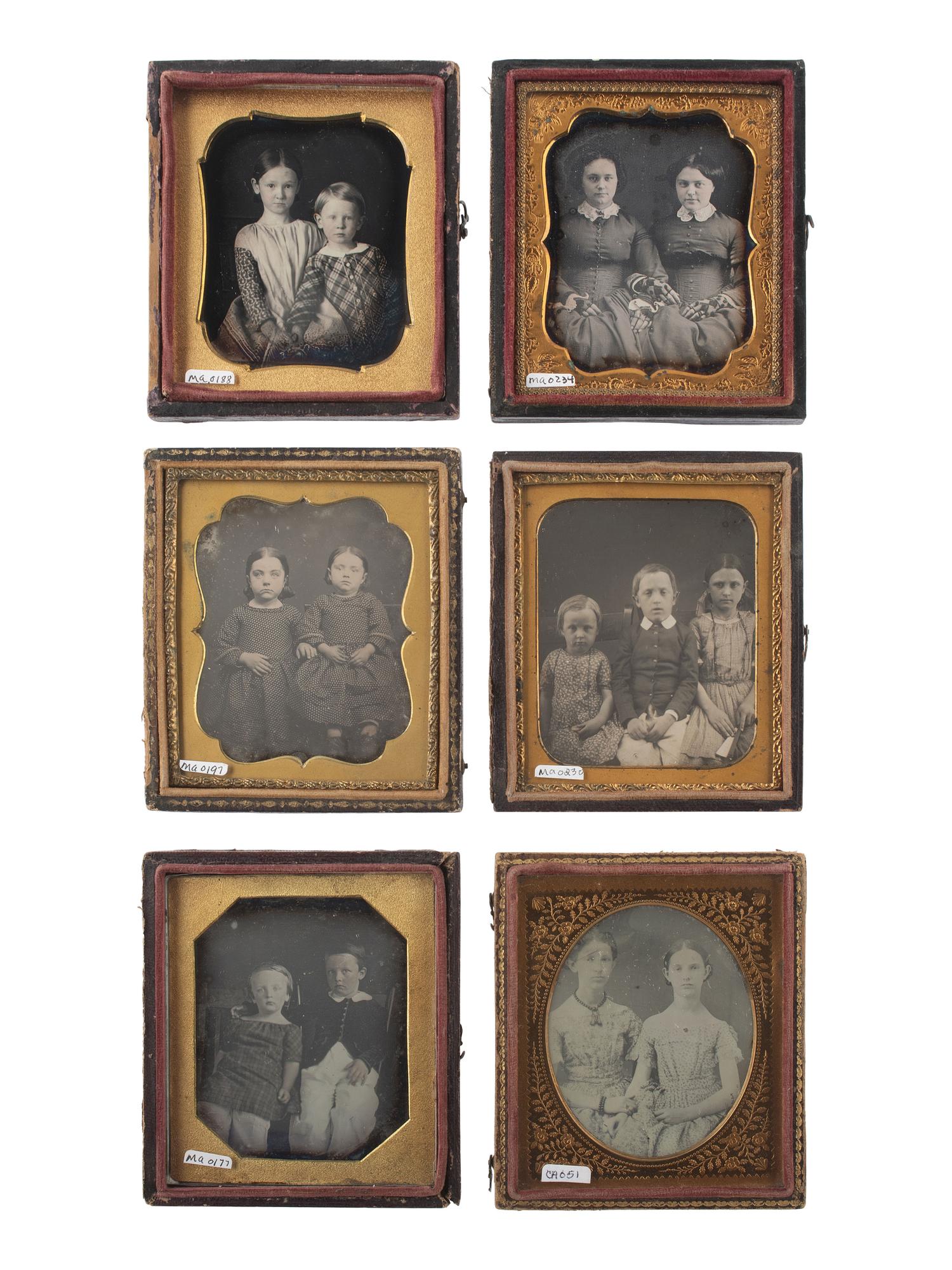 [EARLY PHOTOG]. 15 cased images of siblings, incl. half plate daguerreotype of women in wall frame.