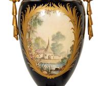 A Pair Gilt Metal Mounted Sèvres Style Porcelain Urns