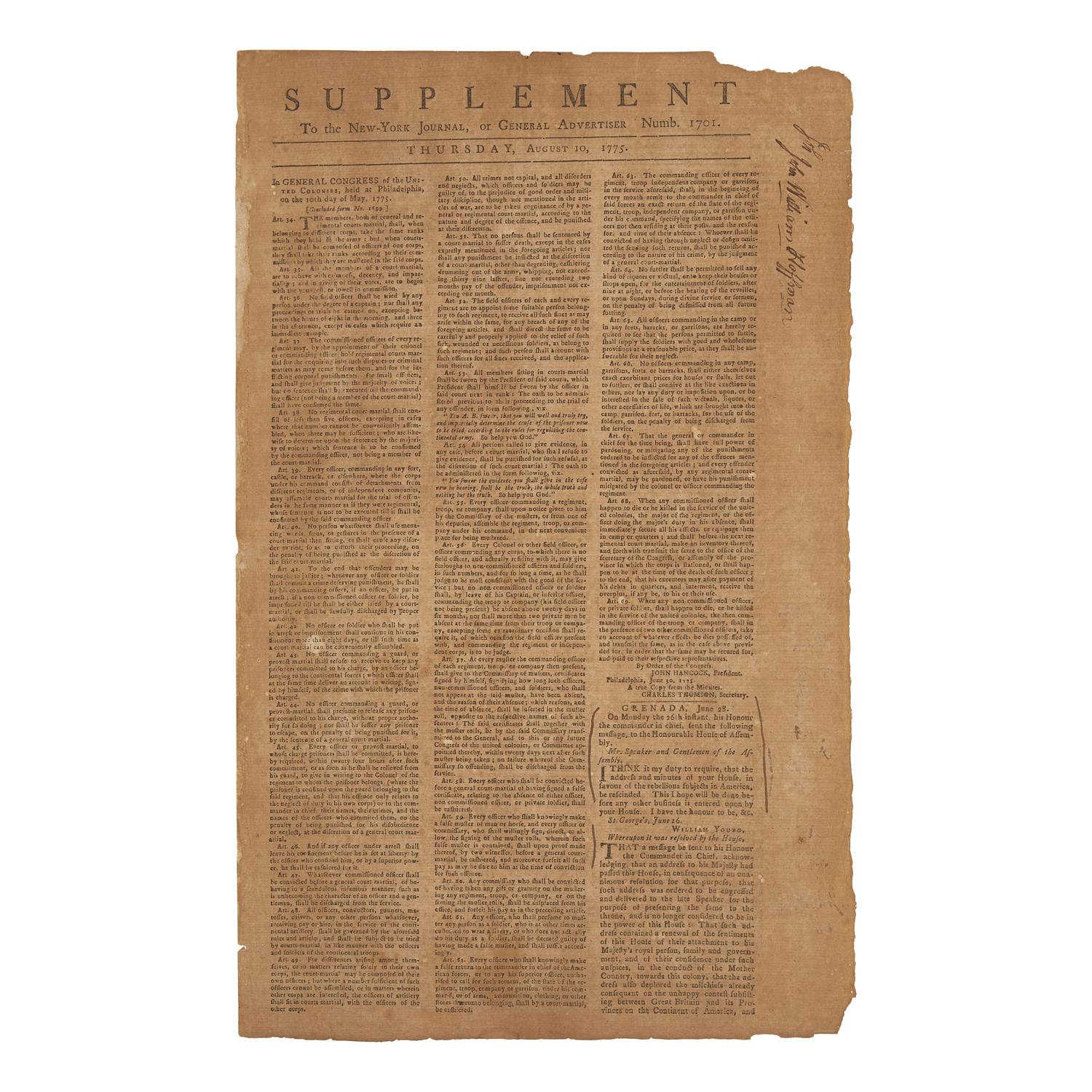 [American Revolution] Broadsheet Newspaper Printing of the First American Articles of War, Signed in Type by John Hancock and Charles Thomson