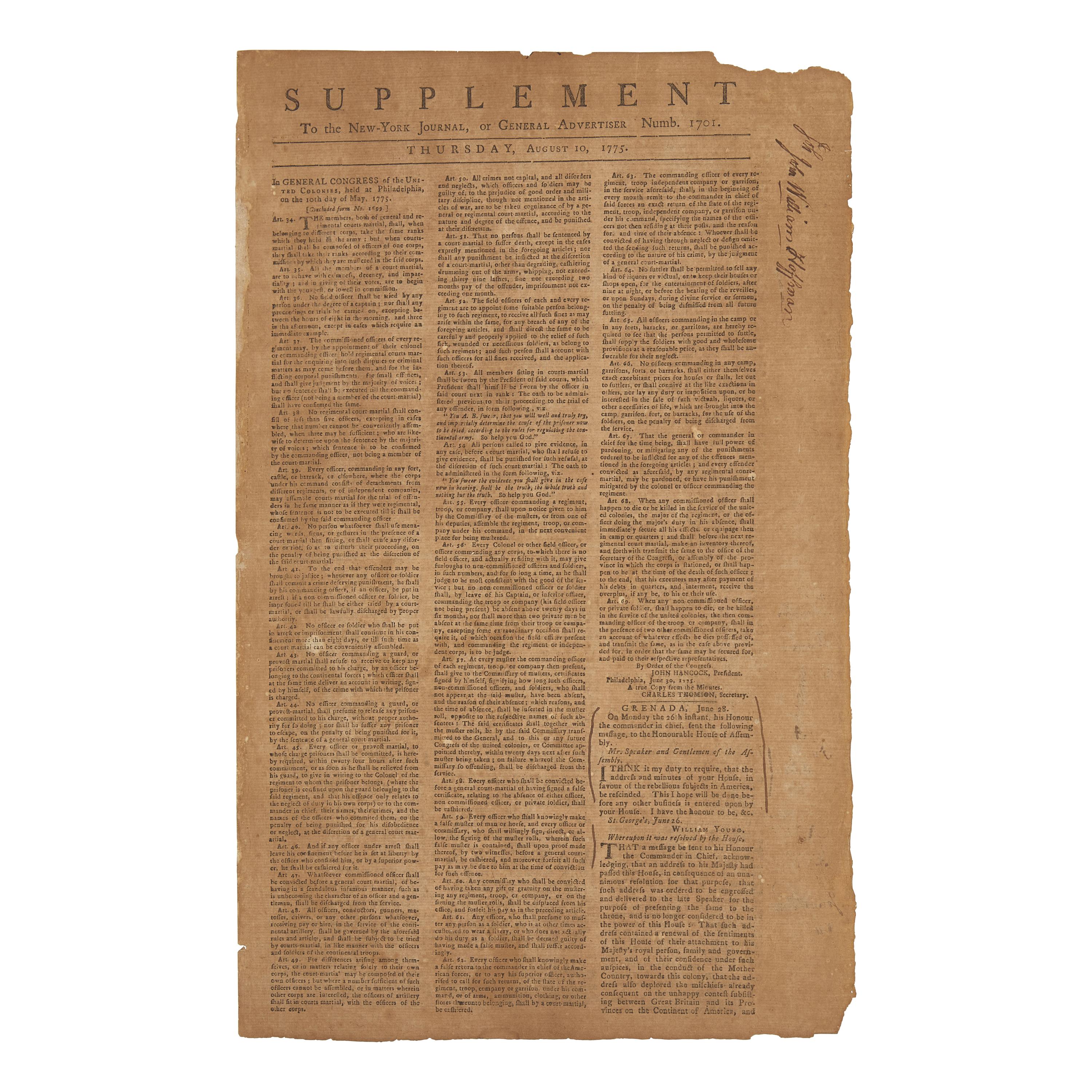 [American Revolution] Broadsheet Newspaper Printing of the First American Articles of War, Signed in Type by John Hancock and Charles Thomson