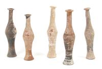 A Collection of Five Near East Earthenware Unguentariums, Height of tallest 8 3/4 inches.