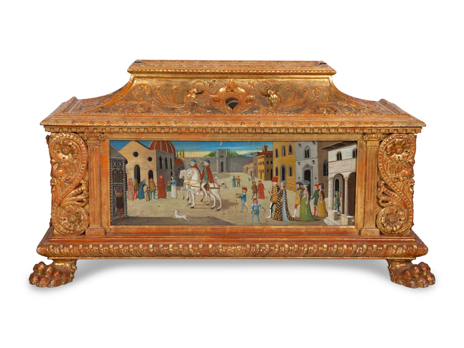 An Italian Renaissance Style Carved, Painted and Parcel Gilt Cassone