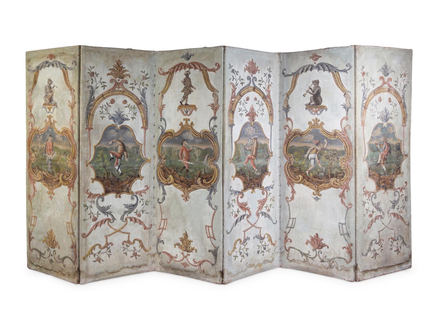 A Northern Italian Painted Canvas Six-Panel Floor Screen with Figures from the Commedia dell'Arte