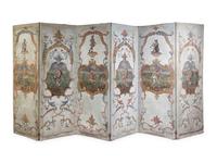 A Northern Italian Painted Canvas Six-Panel Floor Screen with Figures from the Commedia dell'Arte