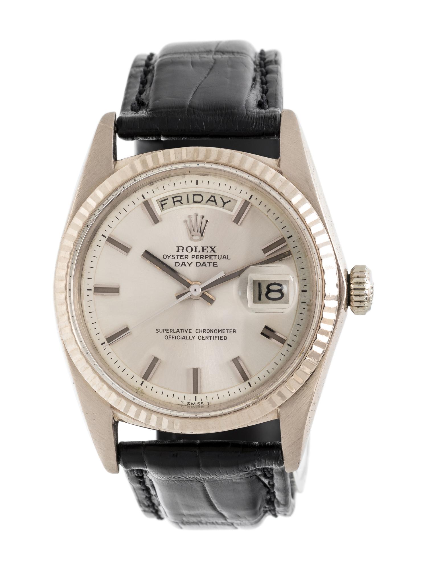 ROLEX, REF. 1803 18K WHITE GOLD 'OYSTER PERPETUAL DAY DATE WIDE BOY DIAL' WRISTWATCH, CIRCA 1969