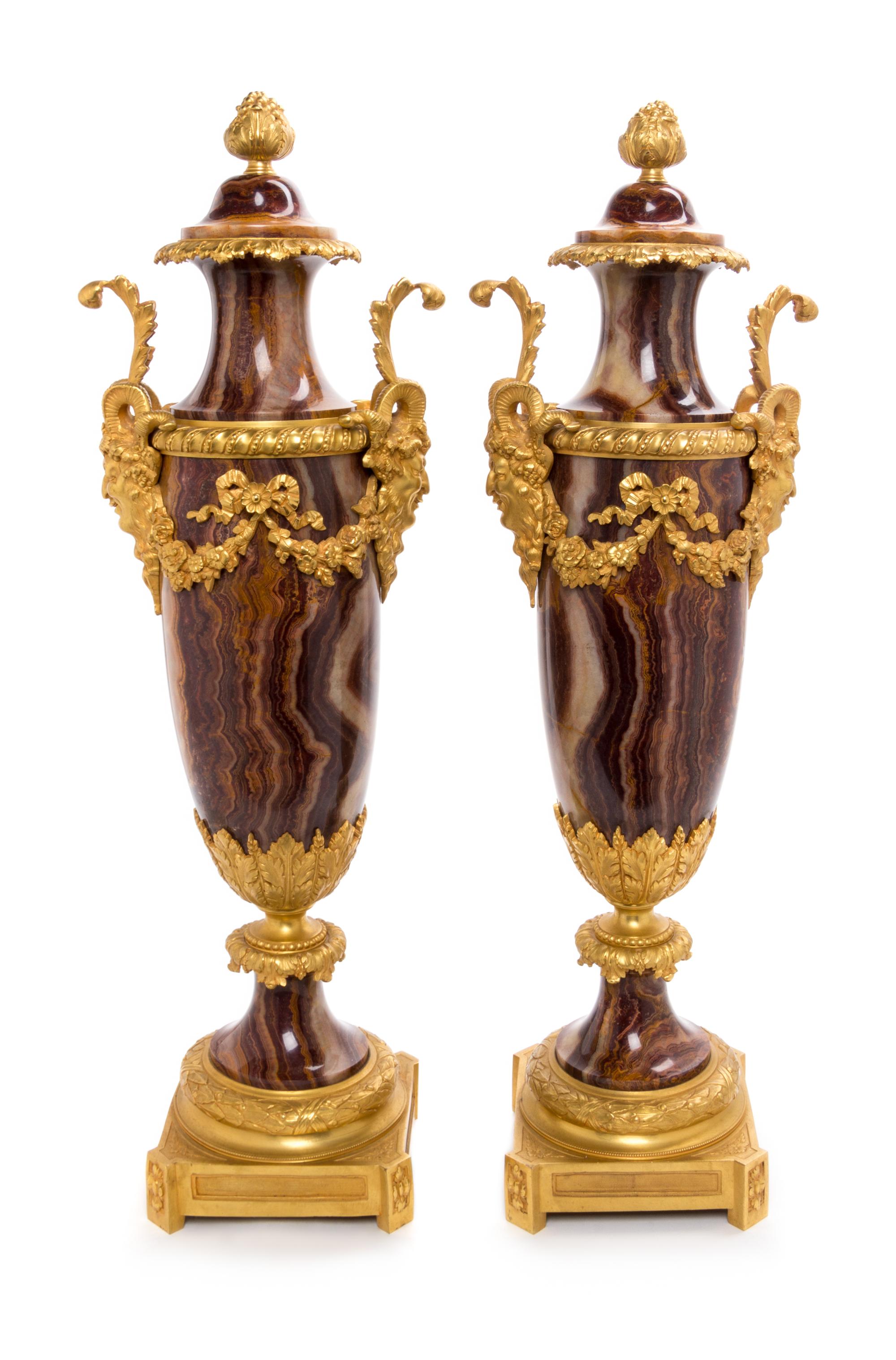 A Pair of French Gilt Bronze and Agate Urns Height 24 1/2 inches. — LATE 19TH CENTURY