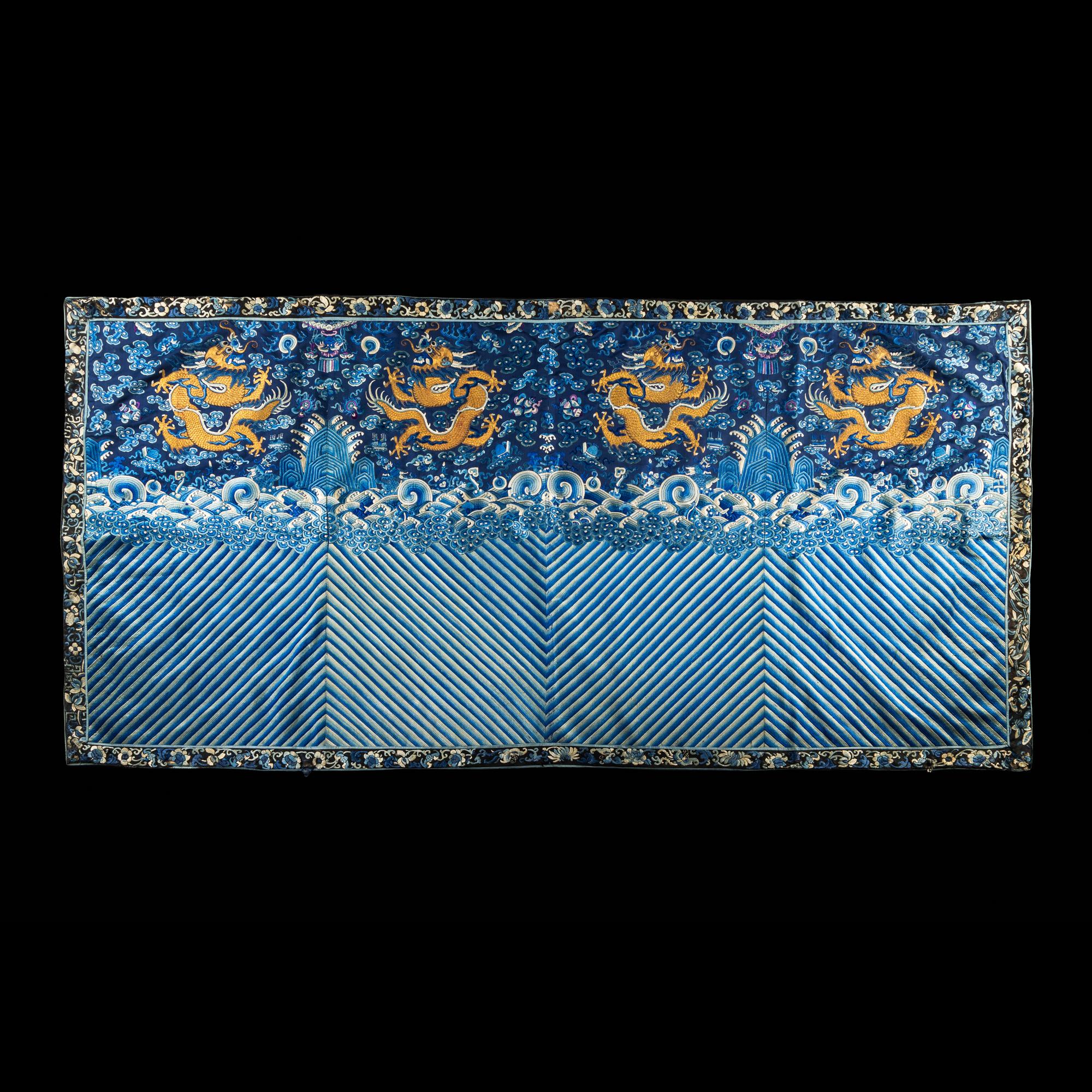 A Chinese Embroidered Silk 'Dragon' Panel, 19th Century — 清晚期 藍地龍紋綉片一幅