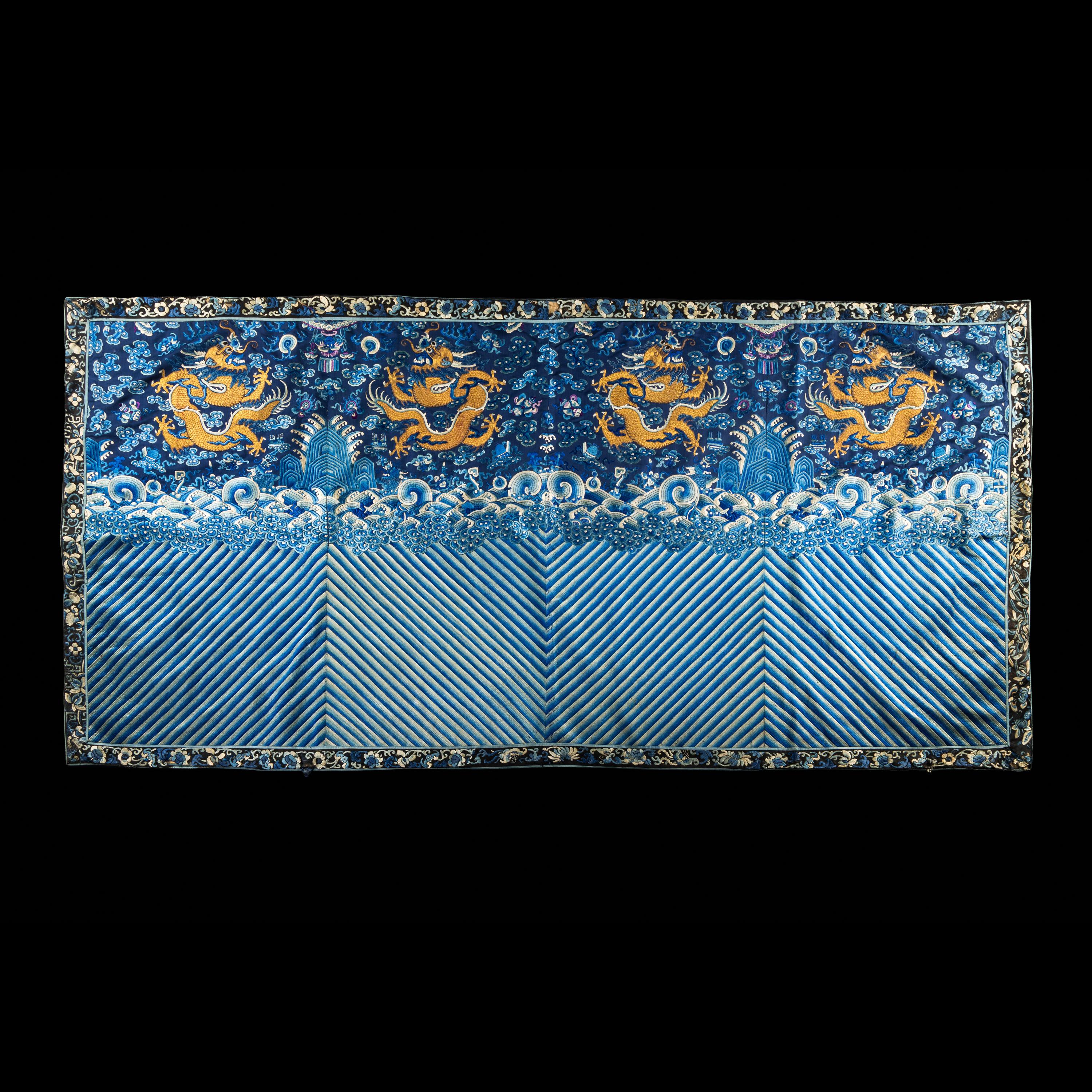 A Chinese Embroidered Silk 'Dragon' Panel, 19th Century — 清晚期 藍地龍紋綉片一幅