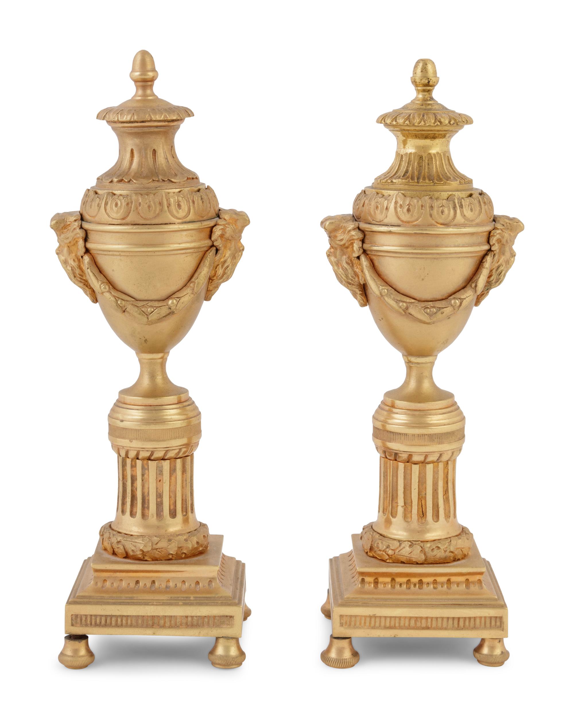 A Pair of English Gilt Bronze Cassolettes in the Style of Matthew Boulton